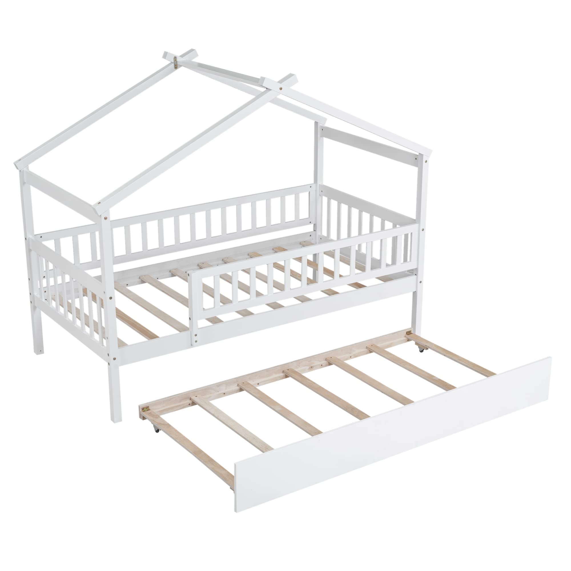 Harper & Bright Designs Twin Size Wooden House Bed with Trundle - Kids Bed Frame with Roof & Fence Design for Boys & Girls - Perfect for Bedrooms, Playrooms & Sleepovers (White)
