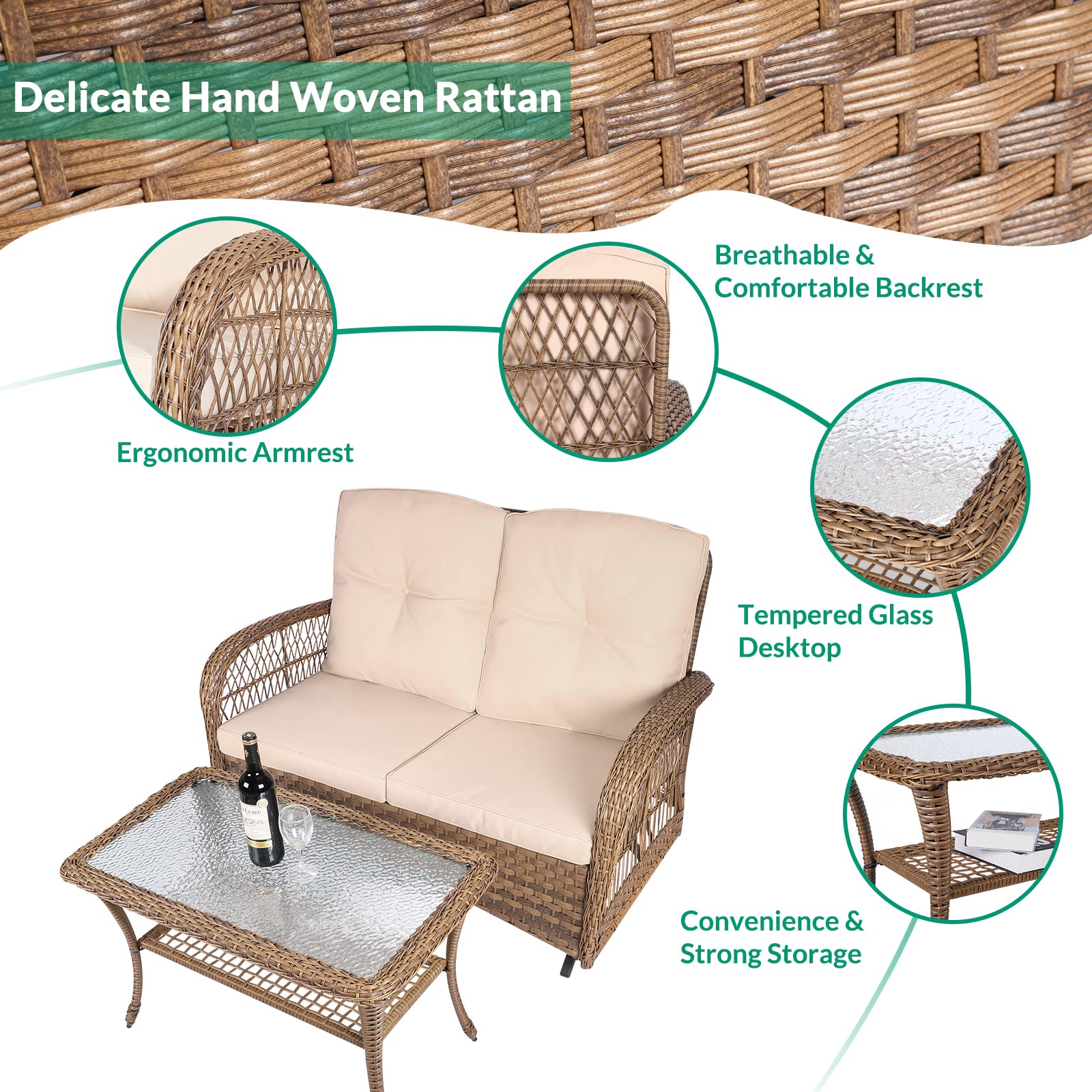 VIVIJASON 2-Piece Outdoor Wicker Loveseat Glider Set with Cushions - Patio Conversation Furniture for Porch, Garden & Poolside - Includes 2-Seater Glider Rocking Bench & Coffee Table - Light Brown - Perfect for Relaxing, Entertaining & Outdoor Lounging