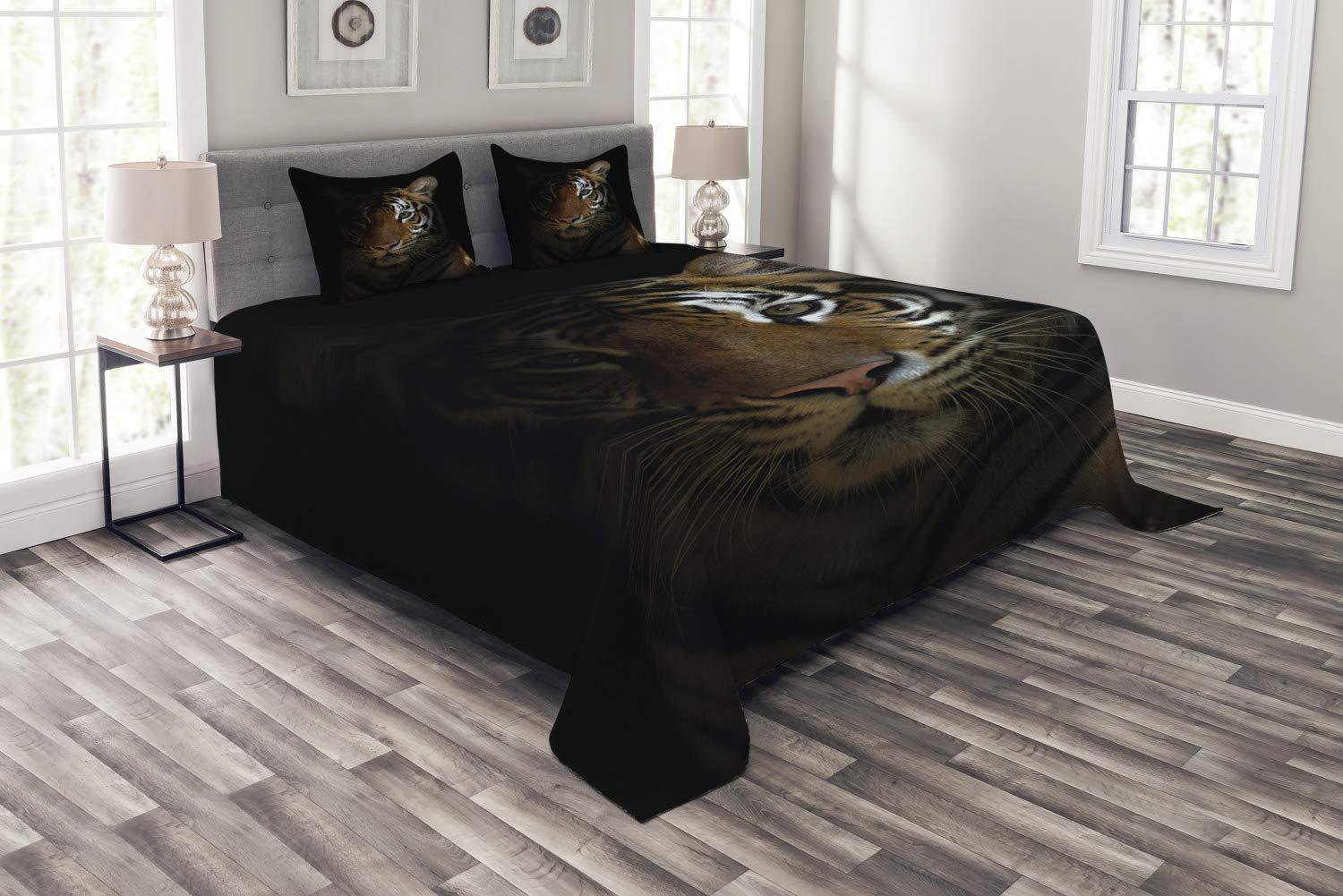 Ambesonne Tiger Bedspread Set - King of Sundarbans Dark Orange Black 3-Piece Bedding with 2 Pillow Shams, King Size | Jungle Theme Bedroom Decor for Cozy & Wild Aesthetic