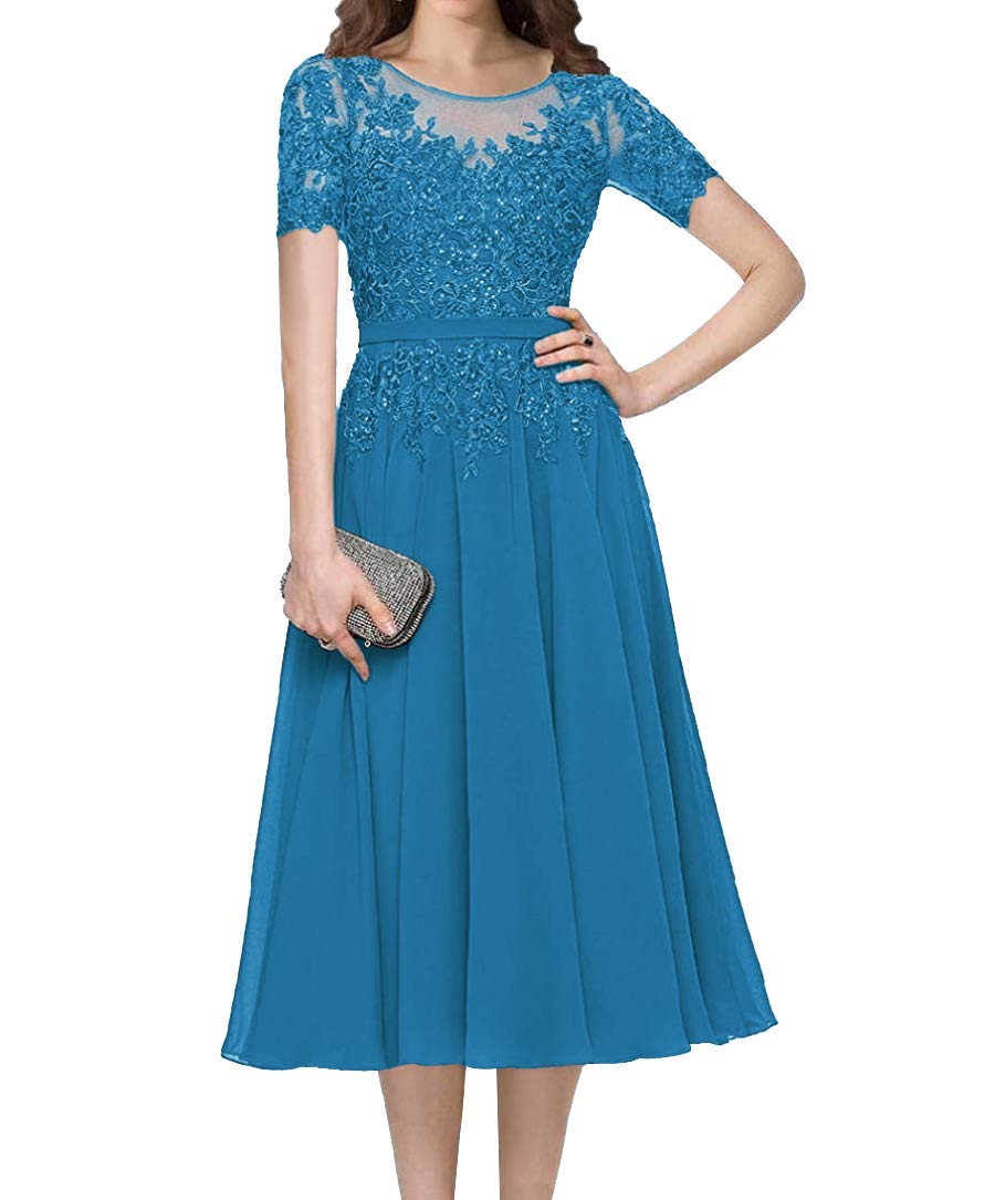 Elegant Tea Length Mother of The Bride Dress with Lace Applique & Beading - Short Sleeve Formal Evening Gown for Women | Perfect for Weddings, Receptions & Special Occasions