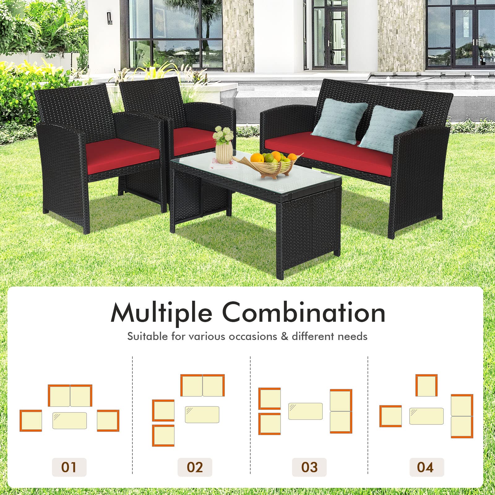 Goplus 4-Piece Rattan Patio Furniture Set - Outdoor Wicker Conversation Sofa with Cushions & Tempered Glass Coffee Table - Weather-Resistant Garden, Balcony, Backyard Furniture (Red) - Perfect for Outdoor Entertaining, Lounging, and Relaxation