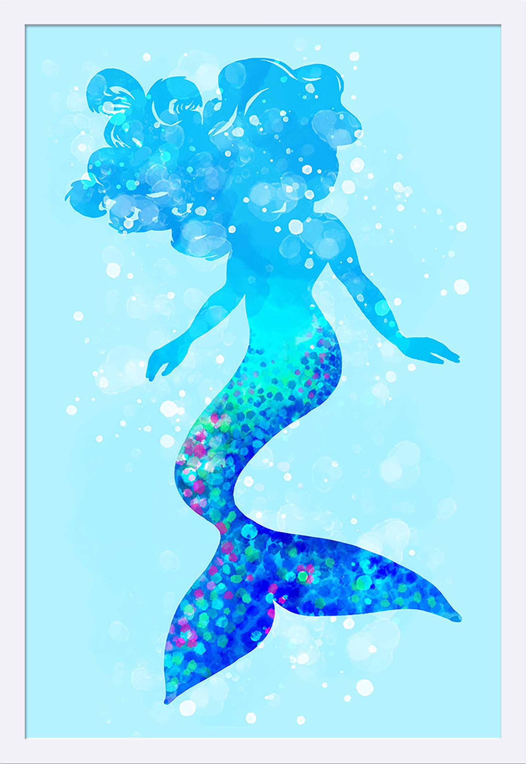 Silhouette Mermaid Art Print - Light Blue Background 24x36 Inch Giclee Gallery Framed in White Wood - Perfect for Beach House Decor, Nursery Wall Art & Coastal Themed Living Room
