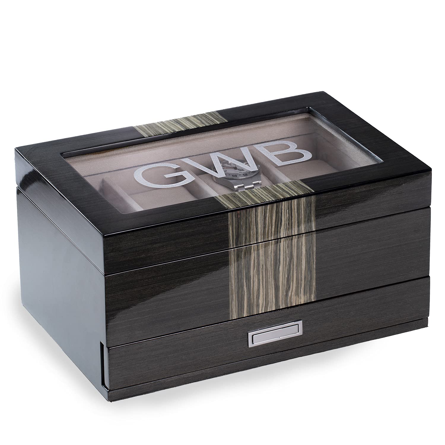 Bey-Berk High Gloss Lacquered Wooden Watch & Jewelry Storage Box with Glass Top - 8 Watch Slots & Drawer for Cufflinks, Pens - Perfect for Dresser Top, Closet Organization & Travel Jewelry Case