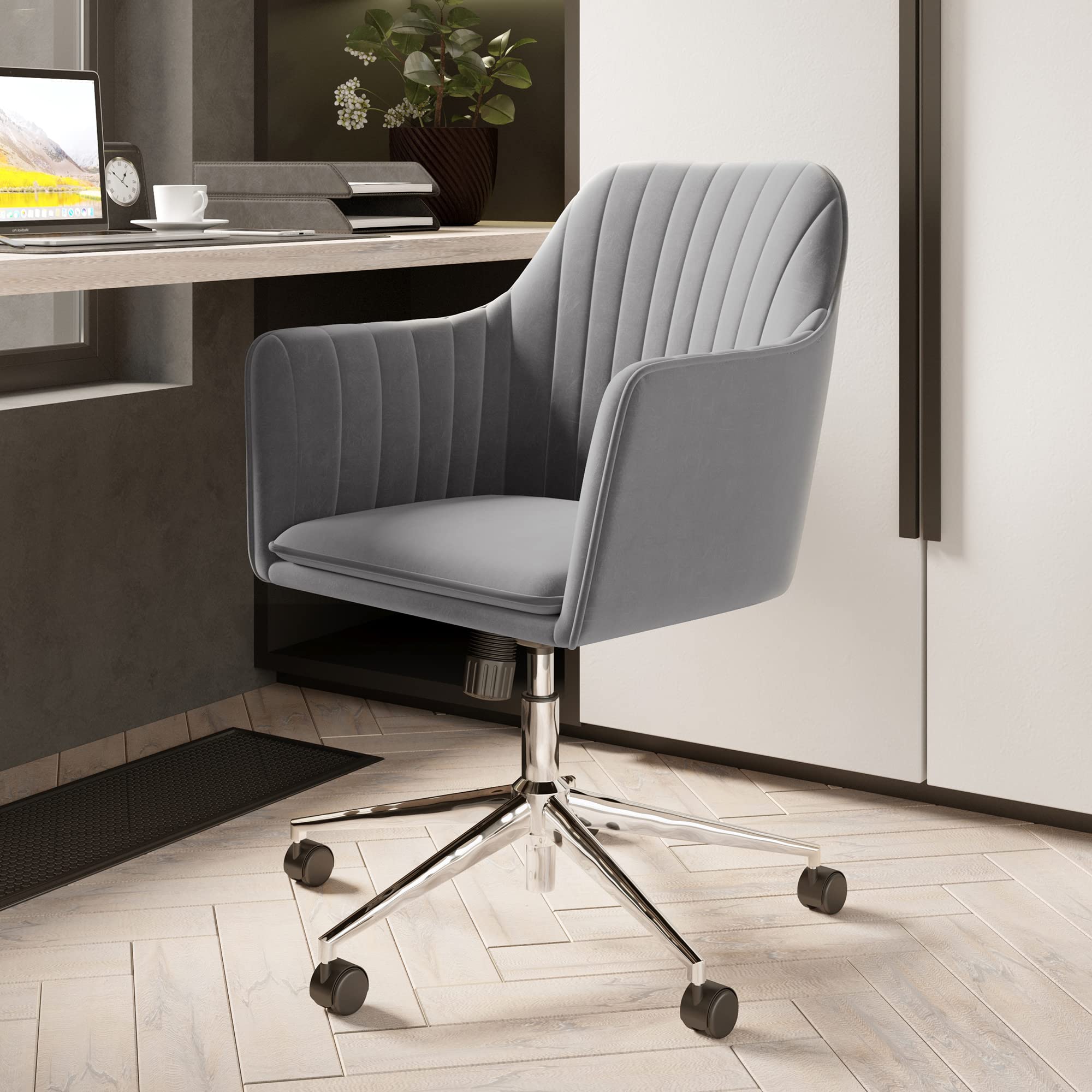 BELLEZE Modern Velvet Swivel Office Chair with Adjustable Height & Wheels - Stylish Comfy Desk Chair for Home Office, Gaming, Study & Vanity - Alayah (Gray)