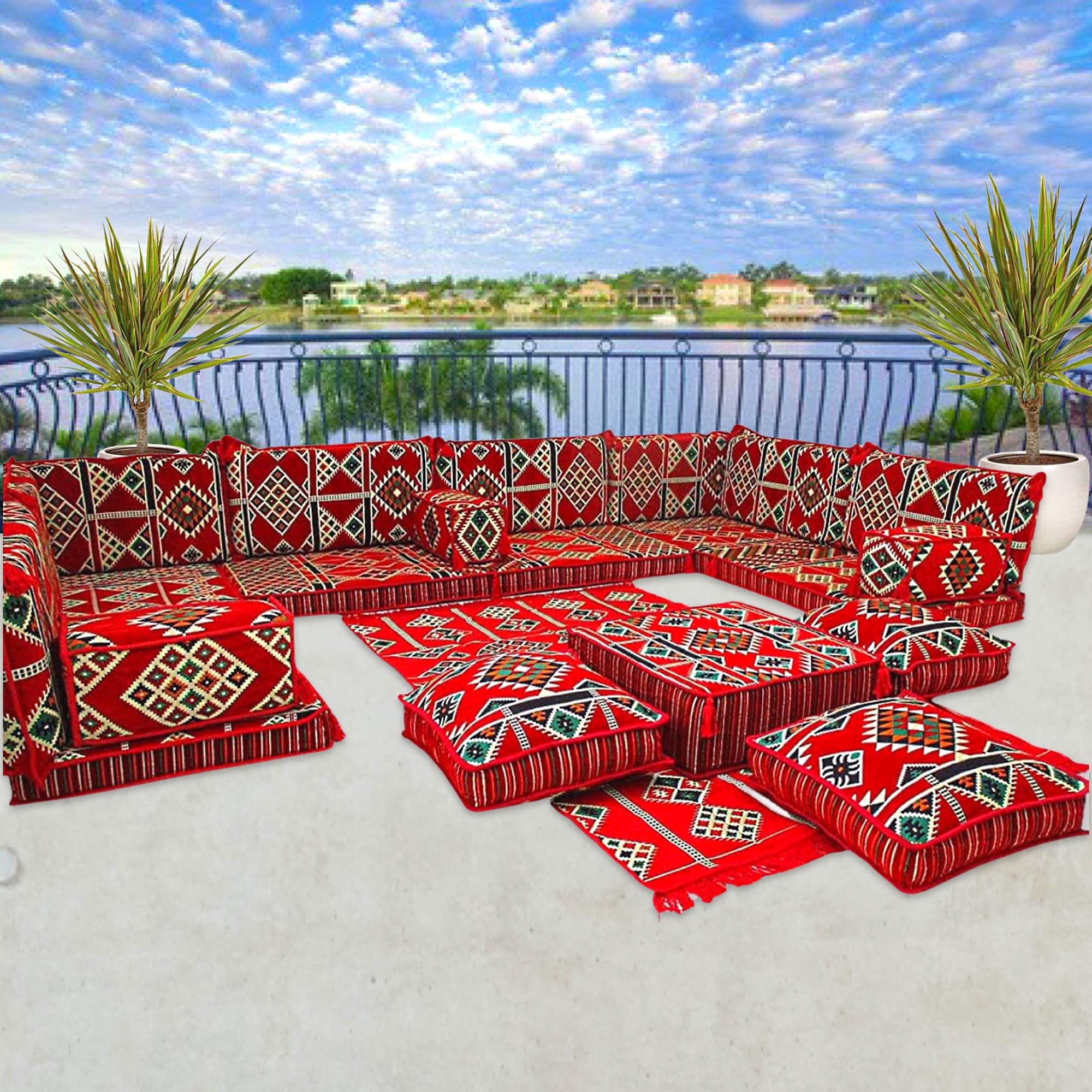 Arabic U-Shaped Majlis Sofa Set - Traditional Floor Seating Couch with Mattress for Living Room, Lounge & Cultural Gatherings | Perfect for Home Decor, Family Events & Middle Eastern Style Interiors