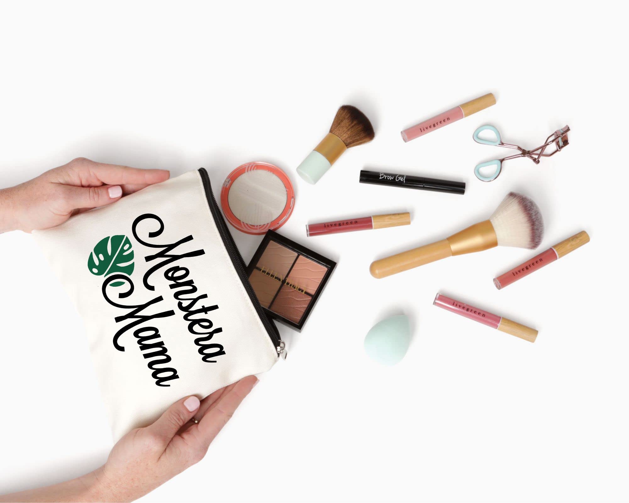 Moonwake Designs Monstera Mama Makeup Bag - Beige Cotton Canvas Cosmetic Pouch for Women, Plant Lover Gift Idea - Perfect for Travel, Gym & Daily Essentials Organization