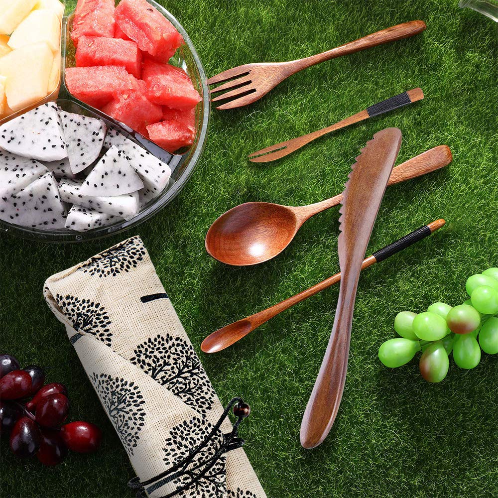 Japanese Wooden Travel Cutlery Set - 9pc Reusable Utensils with Case for Camping & Picnics
