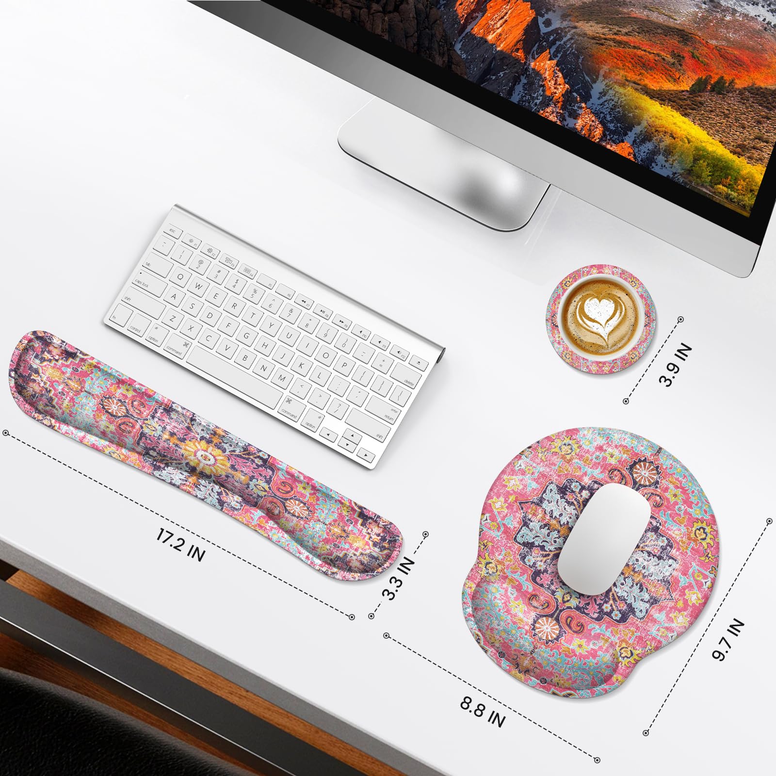iLeadon Ergonomic Mouse Pad with Wrist Rest Set - Boho Style Comfort for Pain-Free Typing & Computer Use, Non-Slip Base for Home & Office Workstation (Fuchsia) - Perfect for Gaming, Coding & Long Work Sessions