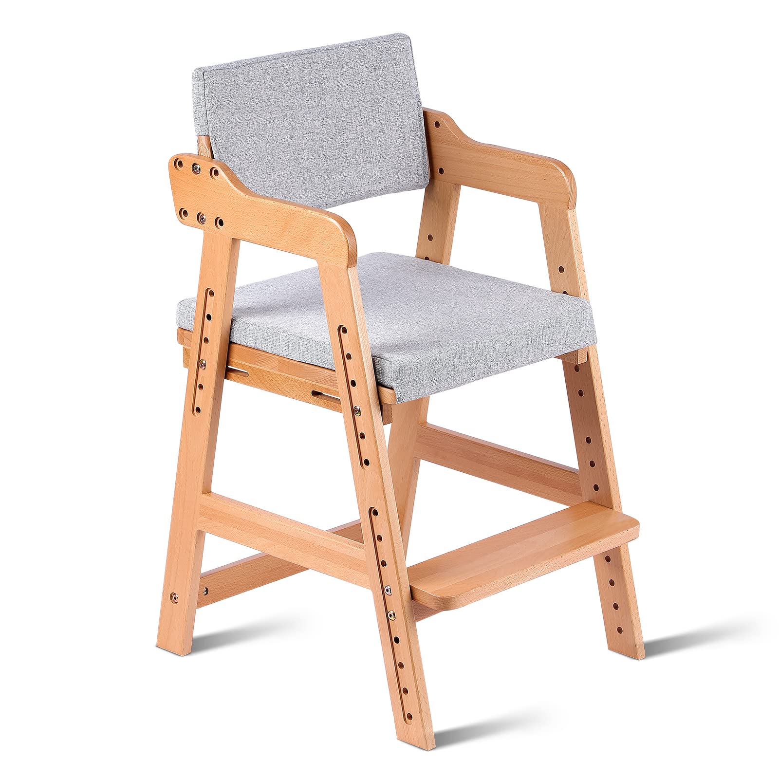 Ezebaby Adjustable Wooden High Chair for Toddlers to Teens - Kids Study & Dining Chair with Removable Cushion & Steps - Natural Wood Color - Perfect for Homeschooling, Mealtime & Playroom