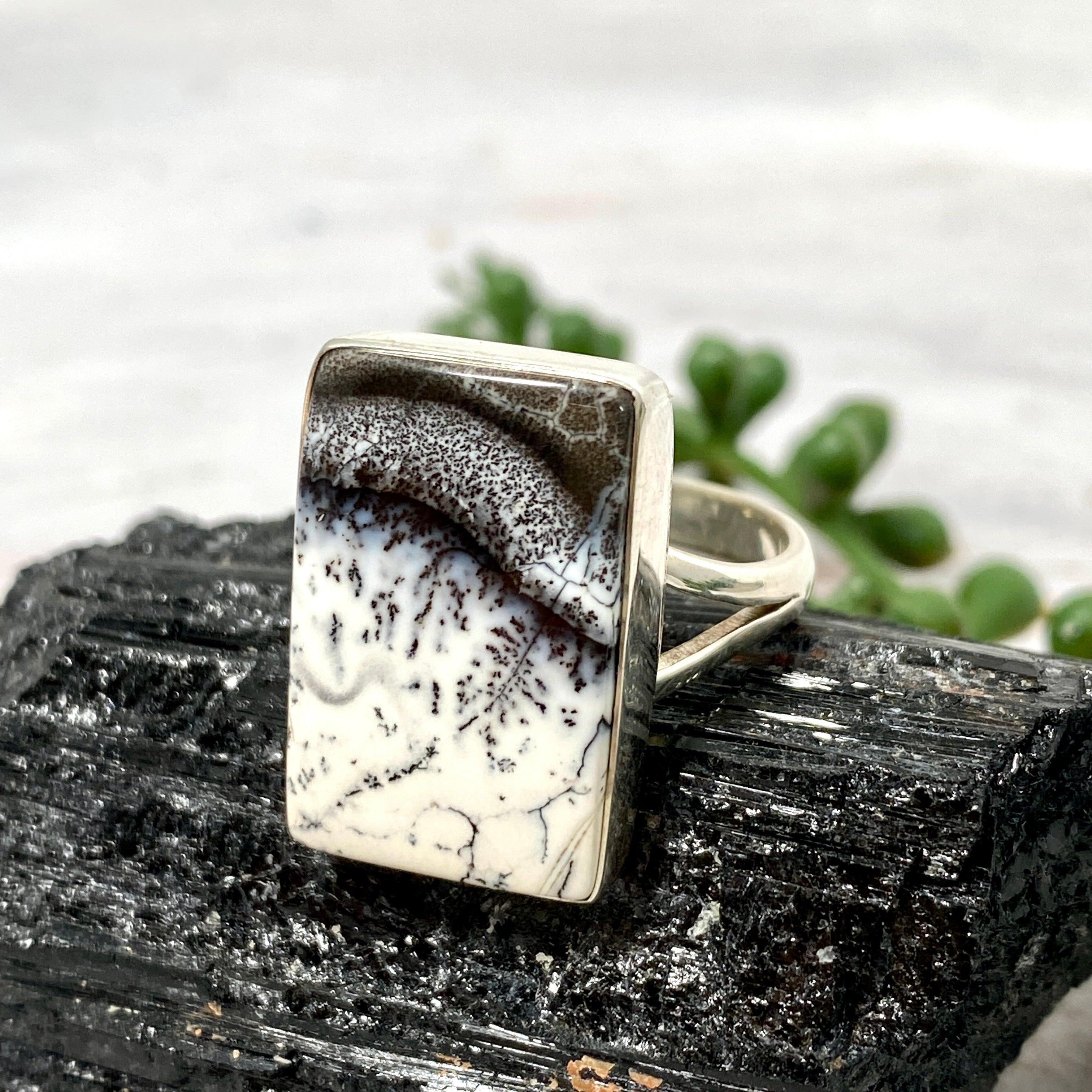 Dendritic Opal Rectangular Ring for Women - Size 10 - KRGJ2294 - Elegant Silver Jewelry for Everyday Wear, Special Occasions & Gift Giving