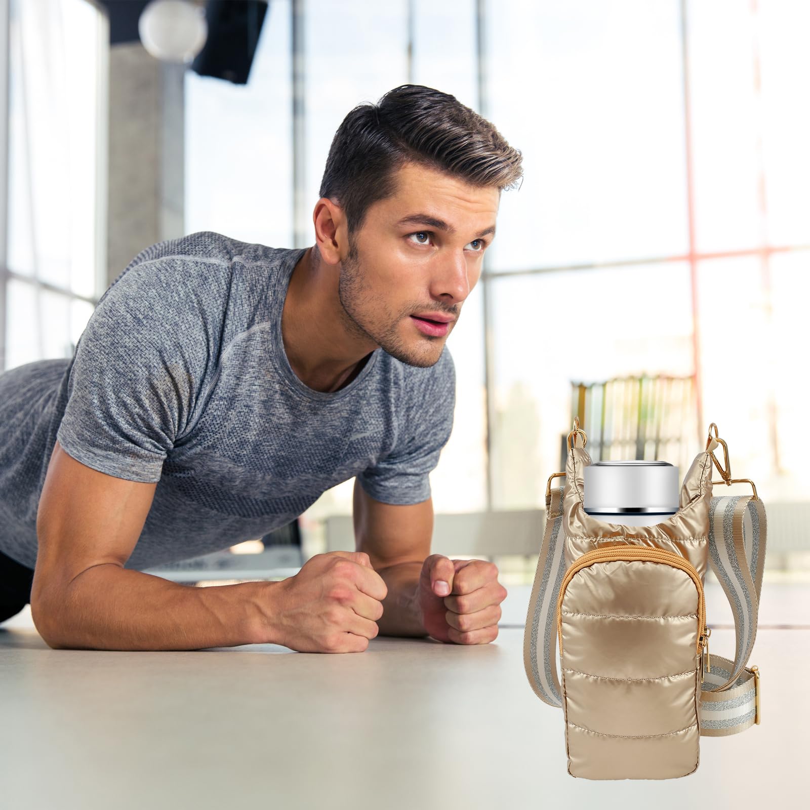 FALESOUL Insulated Water Bottle Holder - Quilted Crossbody Sling Bag with Adjustable Strap for Hiking, Gym & Travel - Leakproof Carrier for 32oz Bottles (Gold) - Perfect for Outdoor Adventures, Workouts & Daily Commute