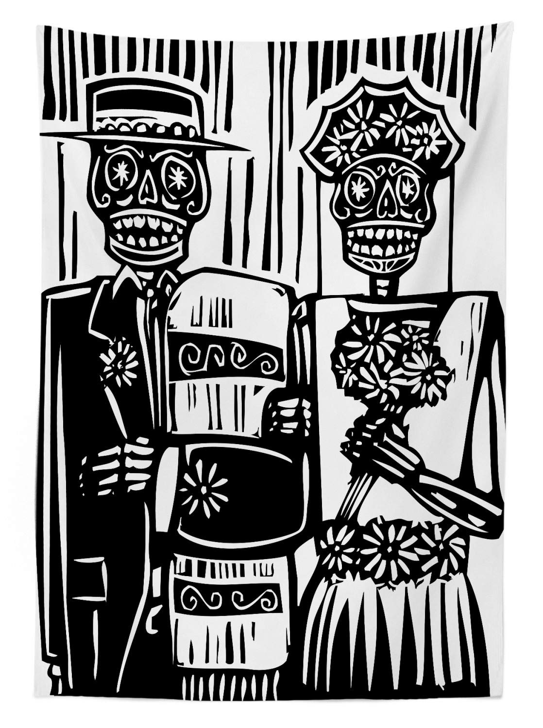 Ambesonne Day of The Dead Outdoor Tablecloth - Woodcut Style Skeleton Couple Wedding in Cemetery Design - Washable Picnic Table Cover 58