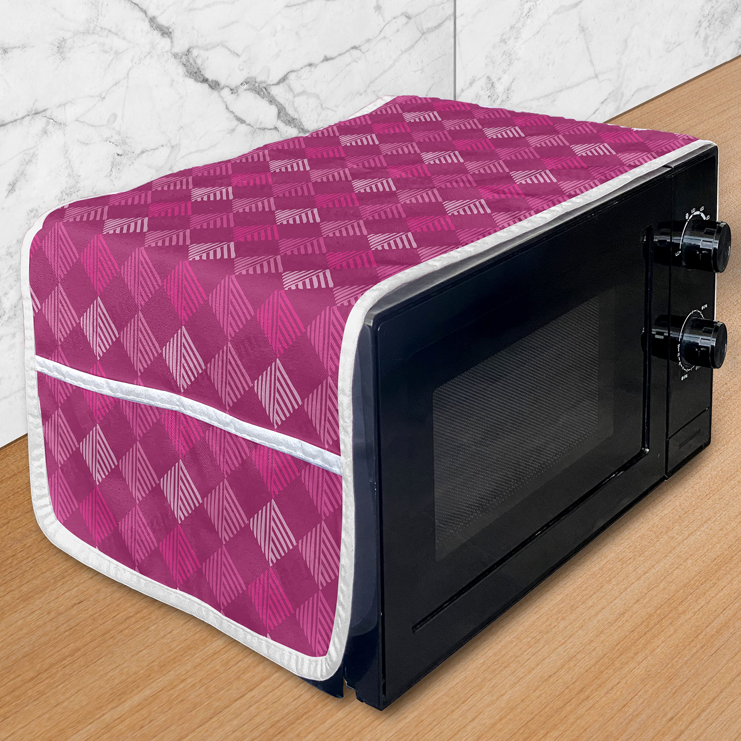 Ambesonne Geometric Microwave Oven Cover - Waterproof Pink Diagonal Square Design Kitchen Organizer with Pockets, 36