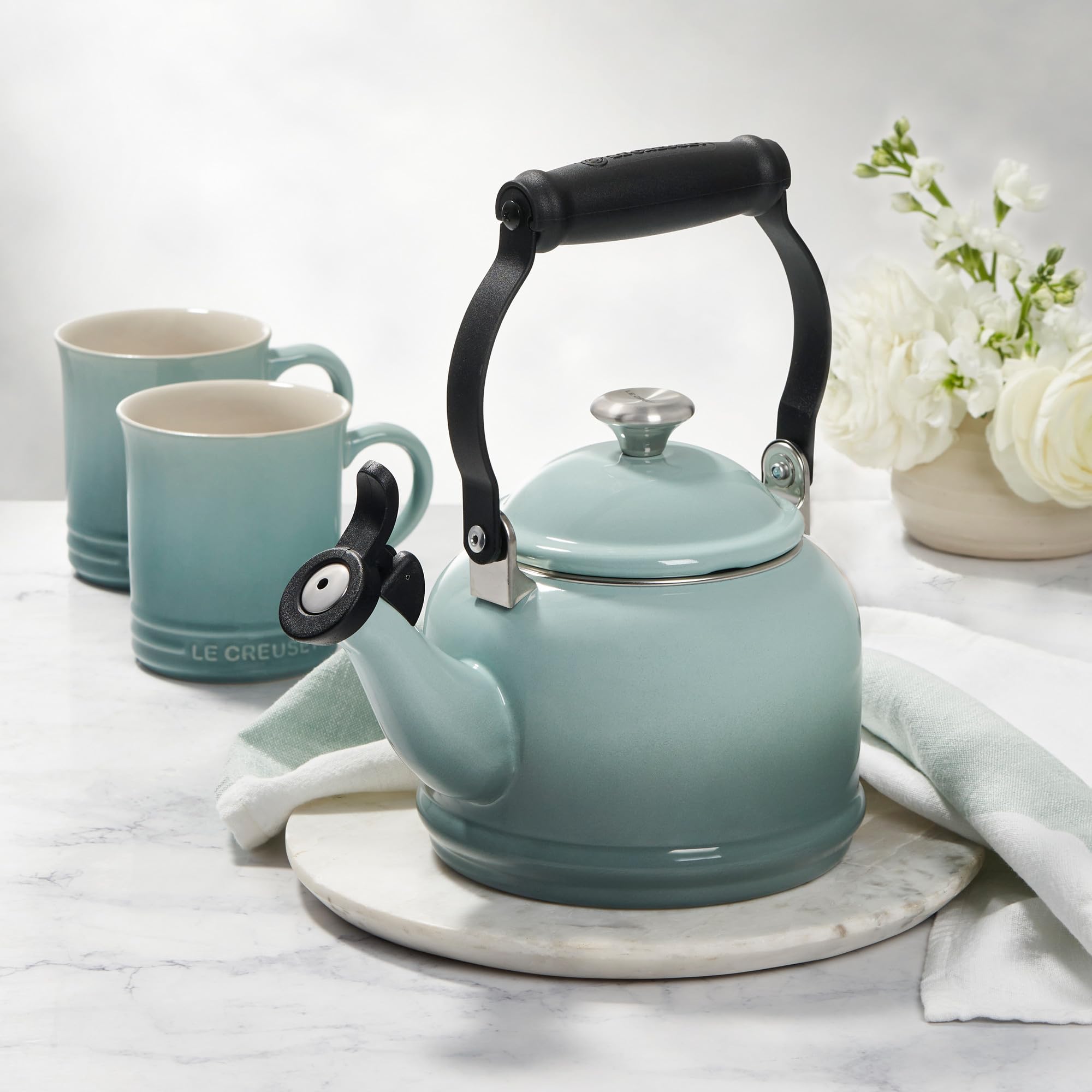 Le Creuset Enameled Steel 1.25 QT Demi Tea Kettle with Gold Finishes - Olive Green Stovetop Kettle for Tea, Coffee & Hot Water - Perfect for Kitchen, Office & Outdoor Use