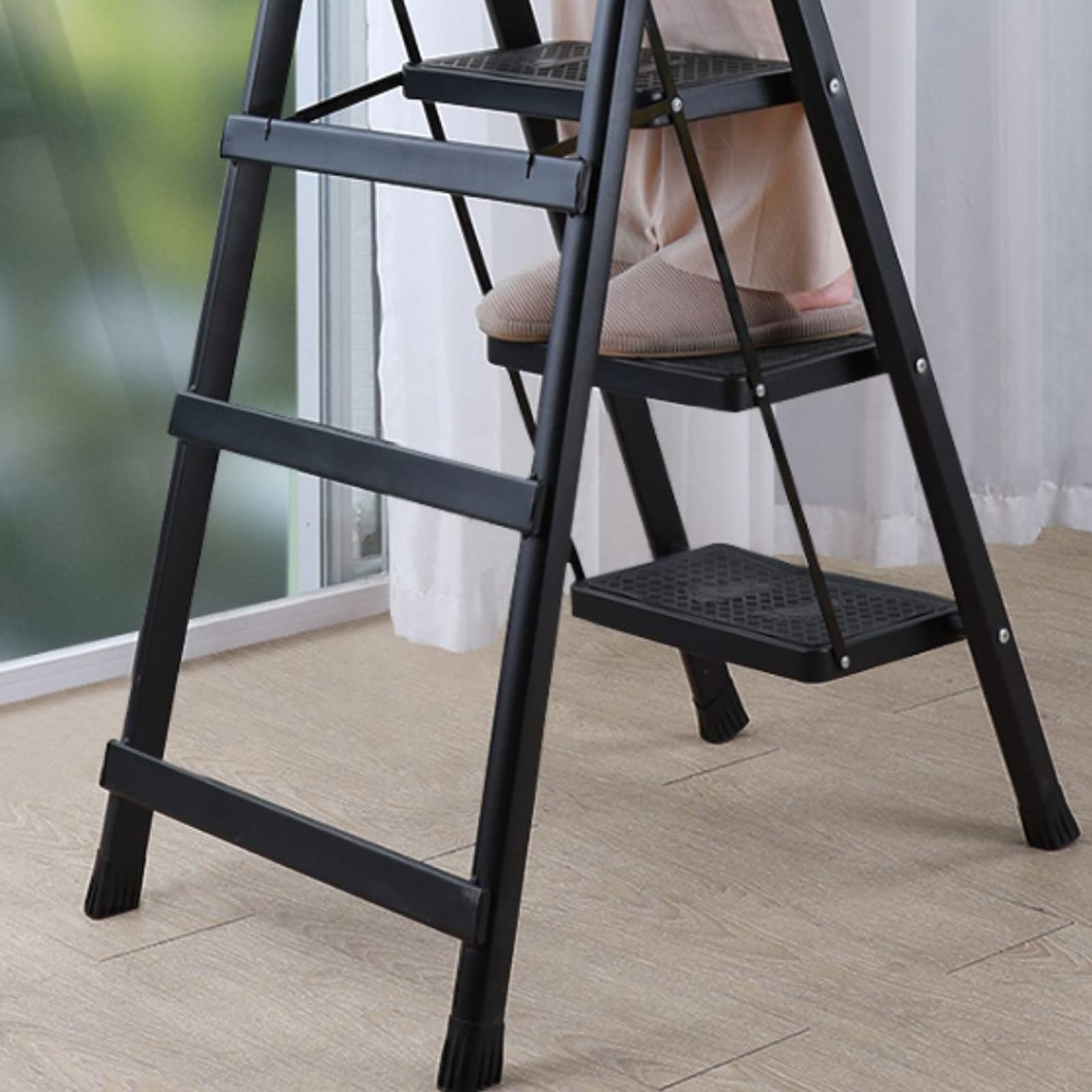 Foldable Herringbone Step Ladder - 4 Step Aluminum Alloy Safety Ladder with Upgraded Pedal Buckle, Portable for Indoor Use (Red) - Perfect for Home, Office, and Warehouse Storage Access