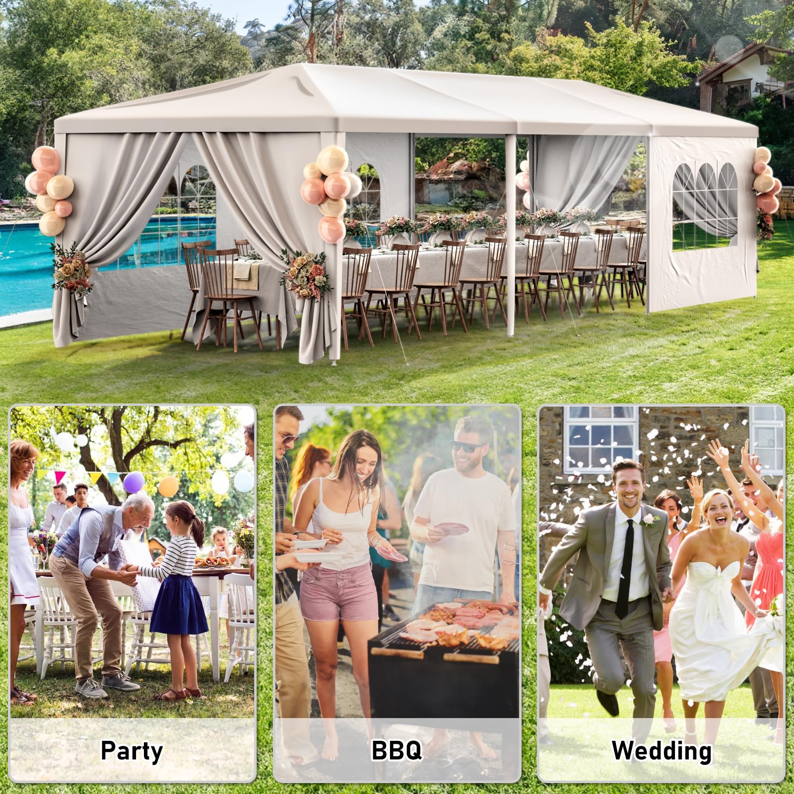 10x30 White Outdoor Party Tent with 8 Removable Sidewalls - Waterproof Gazebo Canopy for Weddings, Birthdays, Garden Parties, BBQ & Camping - Perfect for Backyard, Patio & Outdoor Events