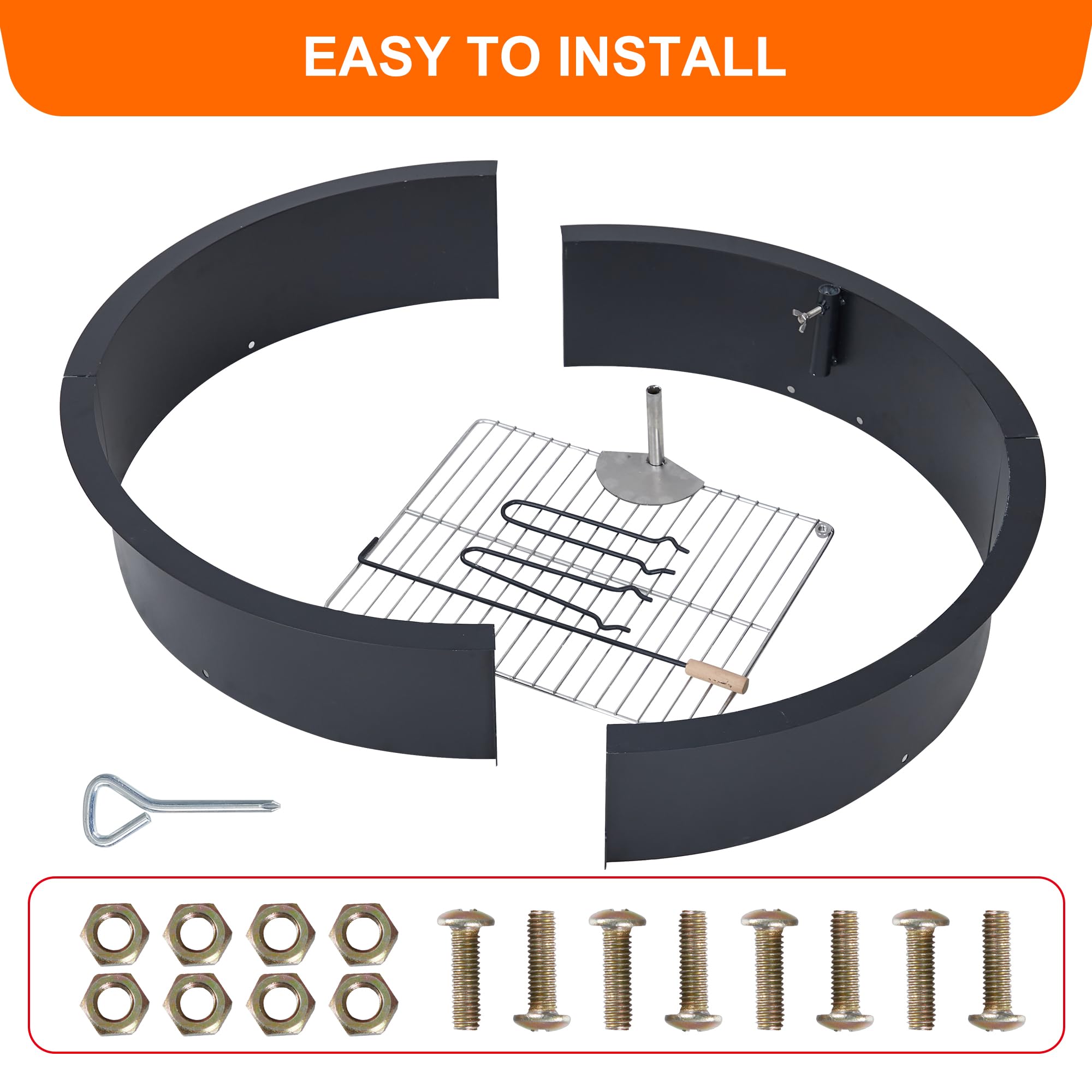36 Inch Heavy Duty Steel Fire Pit Ring Insert - Outdoor Fire Pit Liner with Cooking Grate for Wood Burning | DIY Camping, Patio, Backyard & Garden Use | Perfect for Roasting Marshmallows, Bonfires & Outdoor Cooking