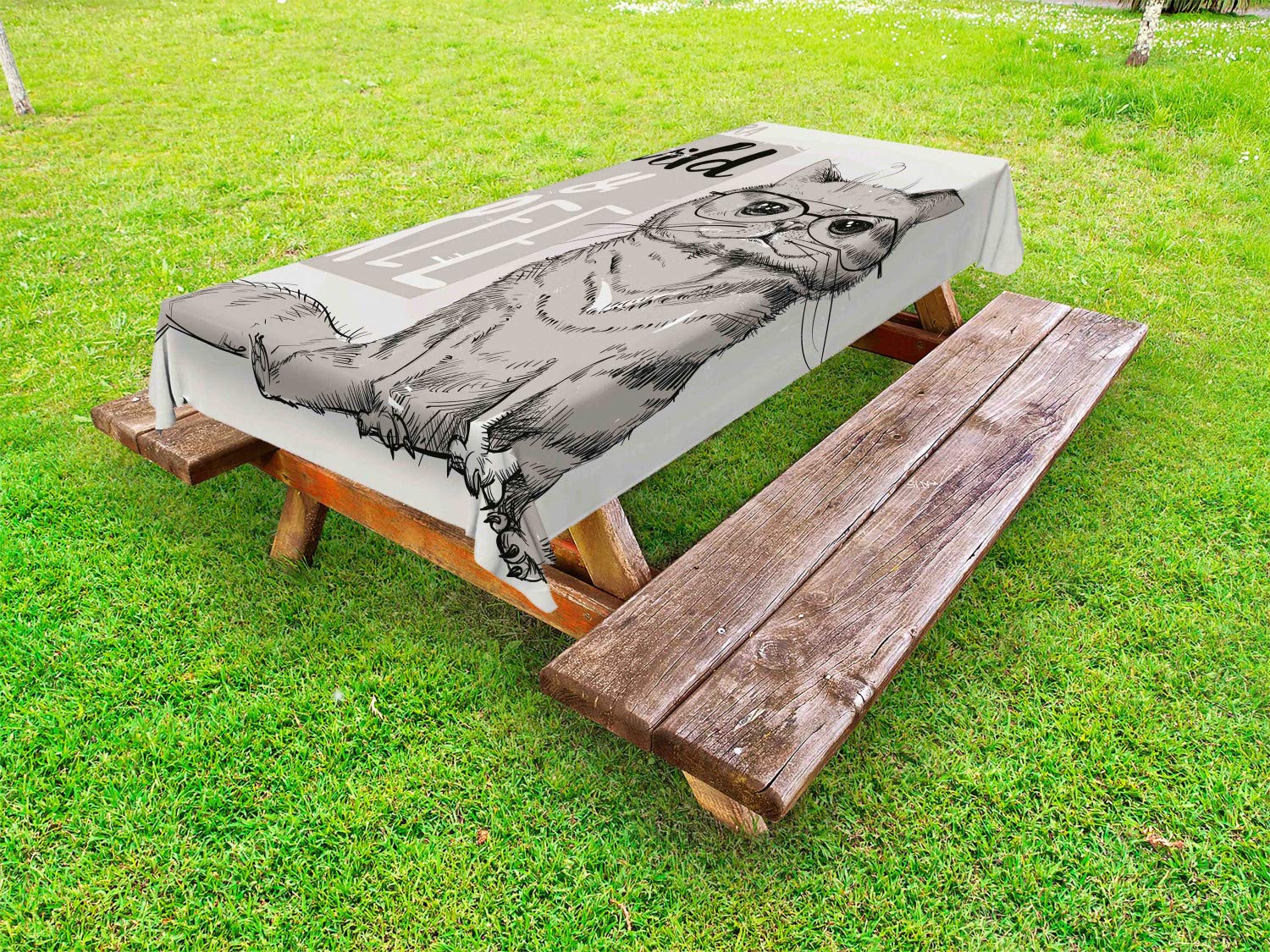 Ambesonne Modern Waterproof Outdoor Tablecloth - Hipster Cat Portrait with Wild & Free Typography, Washable Picnic Table Cover 58x104 Inches - Perfect for Backyard BBQs, Garden Parties & Camping Trips (Pale Grey)