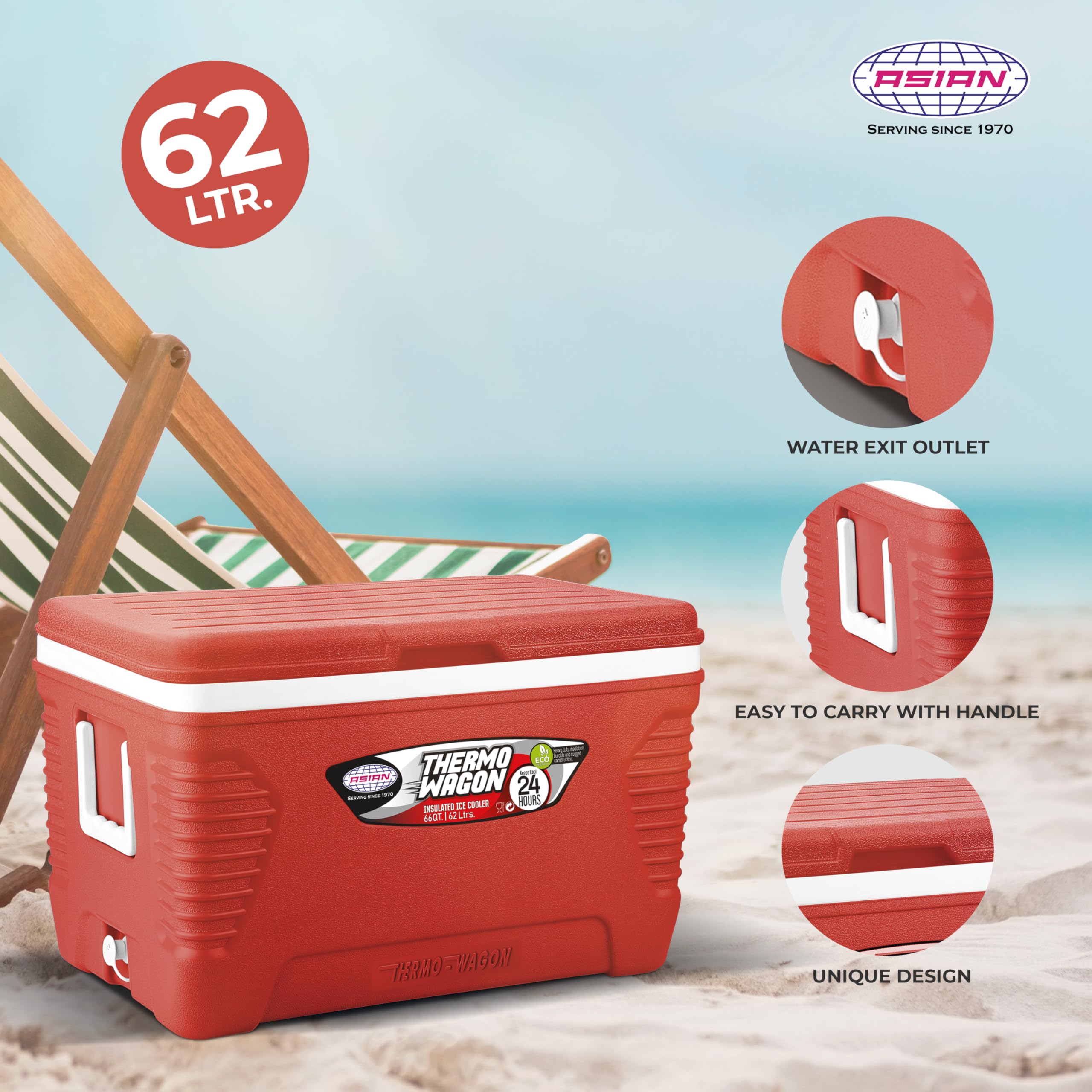 Asian Plastowares - Thermowagon Star 62L Insulated Cooler for Drinks | Portable Ice Chest for Parties, Travel & Medical Use | Keeps Beverages, Cans & Ice Cubes Cold | Red Standard Size Cooler Box for Outdoor Activities & Picnics