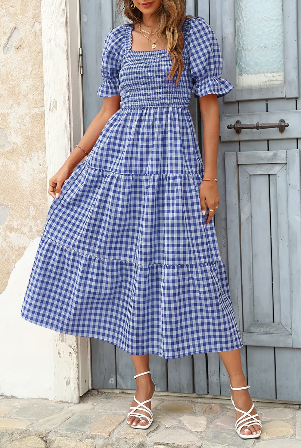 ZESICA Women's 2025 Bohemian Summer Plaid Square Neck Puff Sleeve Ruffle Flowy Midi Dress - Beach Vacation, Garden Party & Casual Outfit