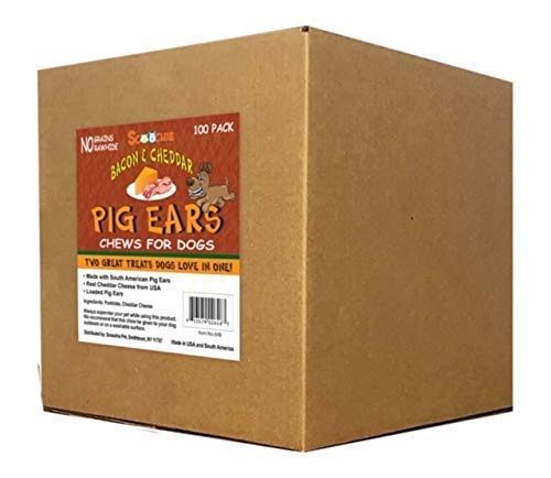 Premium Pig Ears Dog Chews - Natural Bacon & Cheddar Cheese Flavor | 100% Real Cheddar | 100 Count | Long-Lasting Dental Treats for Medium & Large Dogs | Perfect for Training Rewards & Anxiety Relief