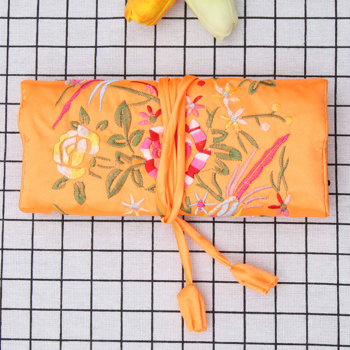 Zerodeko Jewelry Roll Bag - Silk Embroidery Brocade Travel Jewelry Organizer Pouch for Necklaces, Bracelets, Earrings & Rings with Secure Tie Closure (Orange) - Perfect for Travel, Gifts & Daily Jewelry Storage