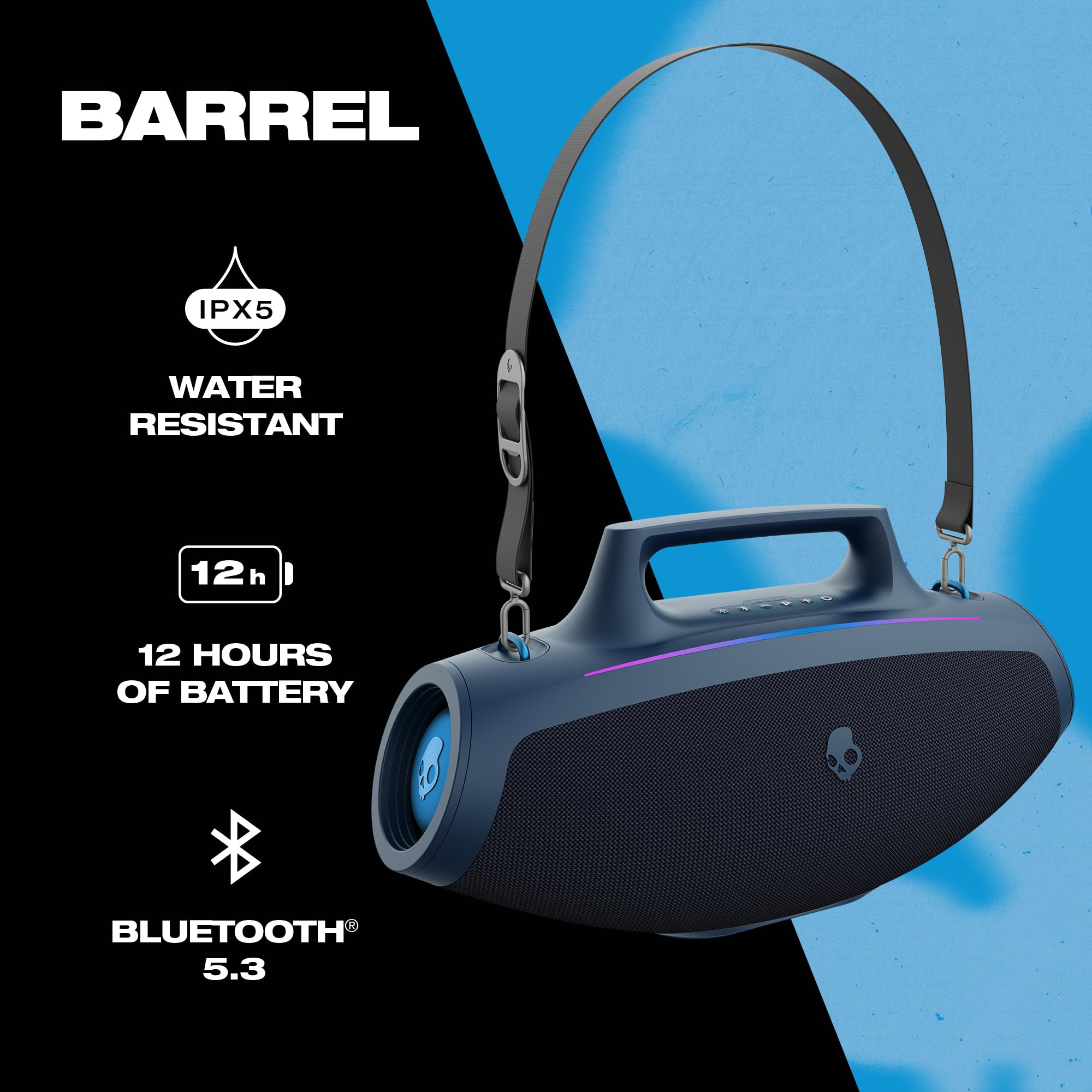 Skullcandy Barrel Bluetooth Boombox Speaker - Waterproof Wireless Portable Speaker with LED Light Show, 12-Hour Battery, Multi-Link, USB-C & USB-A Charging | Perfect for Outdoor Parties, Beach Trips & Home Entertainment