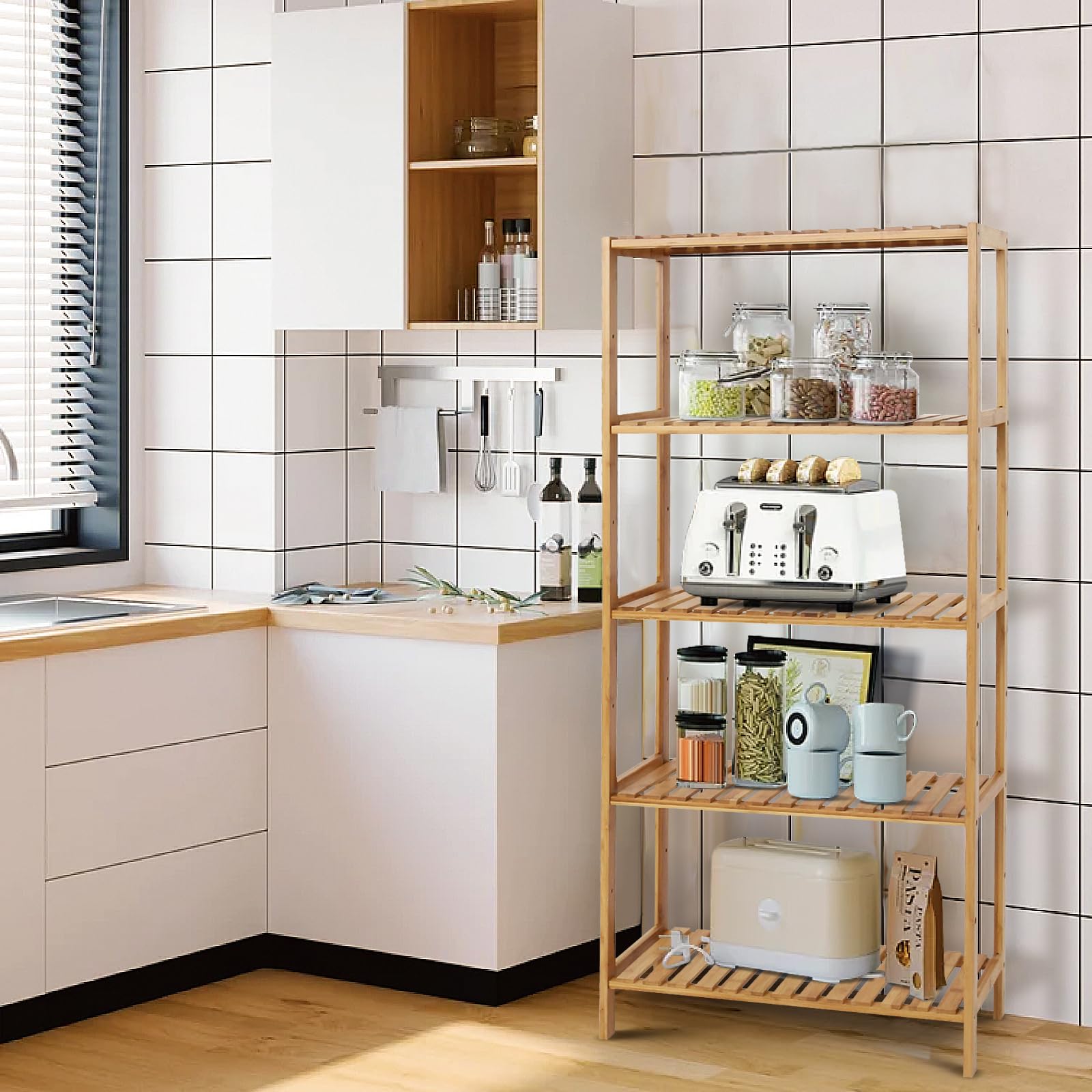 5-Tier Bamboo Bathroom Shelf Organizer - Space-Saving Storage Rack for Bathroom, Kitchen & Living Room - Perfect for Towels, Toiletries, Spices & Decorative Items