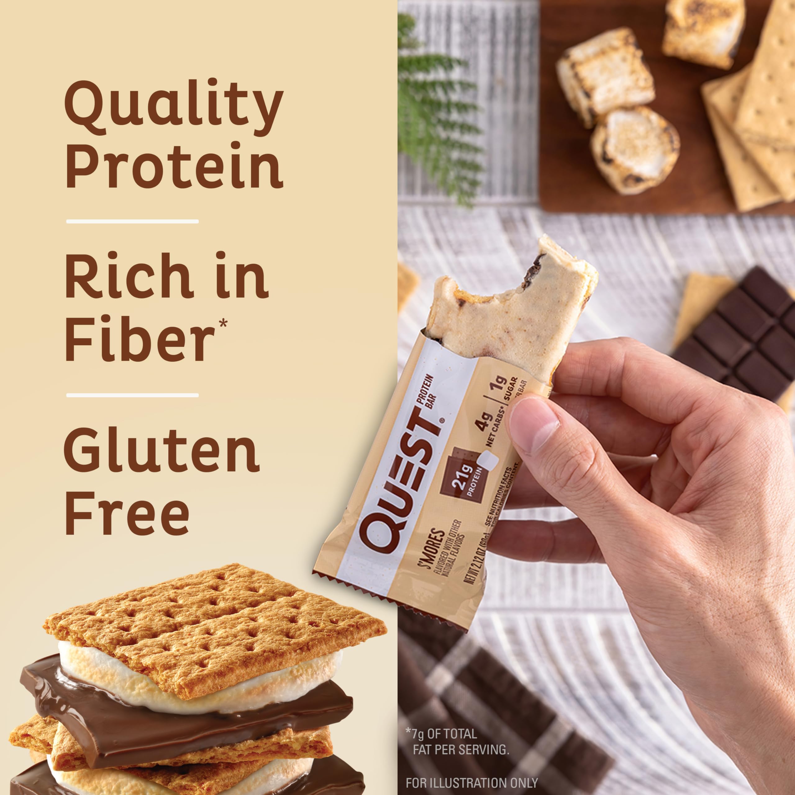 Quest Nutrition S'mores Protein Bar - 31g Protein, 4g Net Carbs, 1g Sugar, Gluten Free, Keto Friendly (Pack of 4) | High Protein Snack for Weight Loss, Muscle Building & On-the-Go Energy
