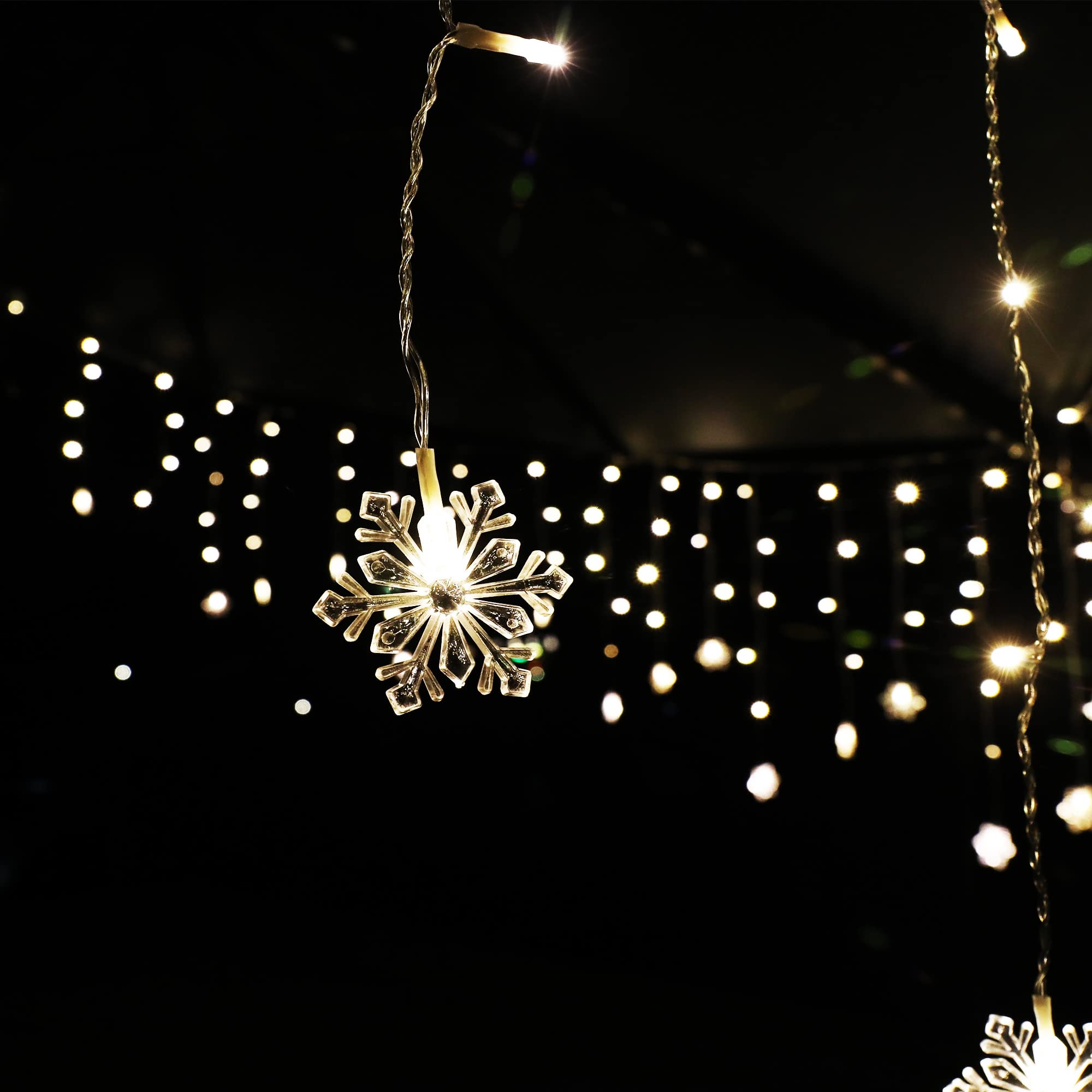 150 LED Icicle Lights with Snowflake - 8 Twinkle Modes Curtain Fairy Lights for Outdoor Christmas, Holiday, Wedding, Party, Garden, Porch, and Indoor Home Decoration (Warm White)