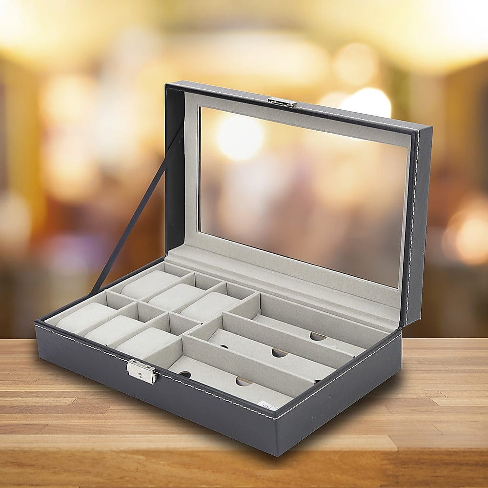 6+3 Grid PU Leather Watch & Sunglass Display Case - Eyeglasses Storage Organizer for Retail Stores, Jewelry Shops and Home Use