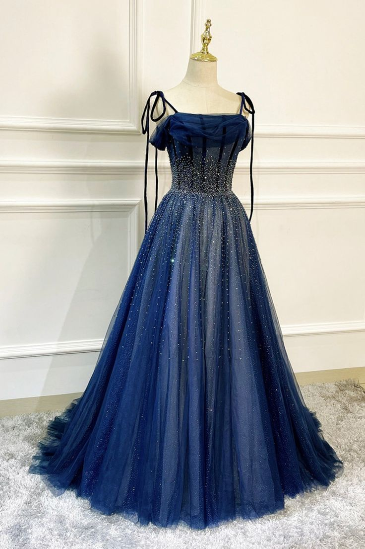 Elegant Dark Blue Tulle Sequin Long Prom Dress A-Line Formal Gown for Homecoming, Quinceañera & Evening Parties - J2635 | Perfect for Prom Night, Birthday Celebrations & Special Occasions
