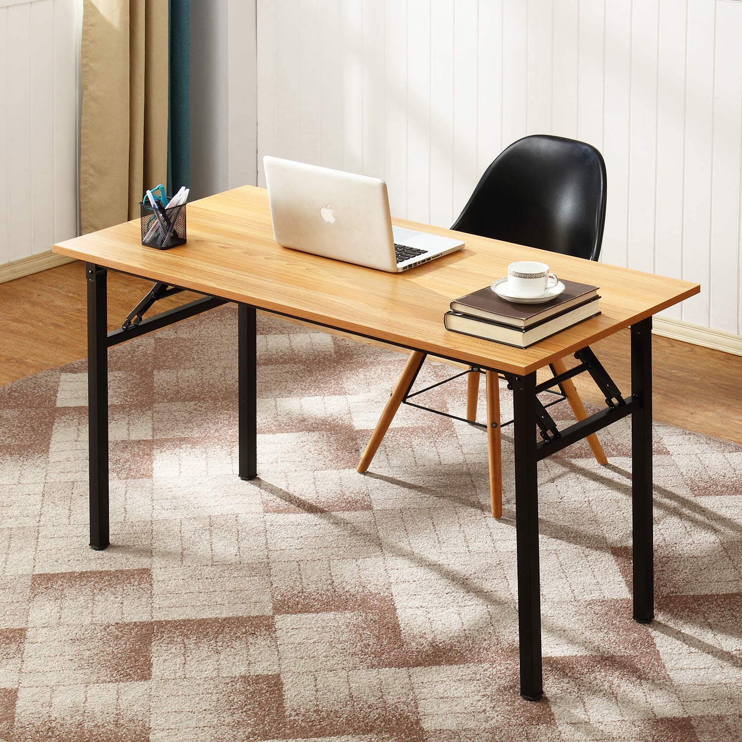 DLandHome 39.4 Inch Folding Computer Desk - Space Saving Writing Desk for Small Spaces, Study Table & Laptop Workstation (Teak & Black, No Assembly Required) - Perfect for Home Office, Dorm Room & Small Apartments