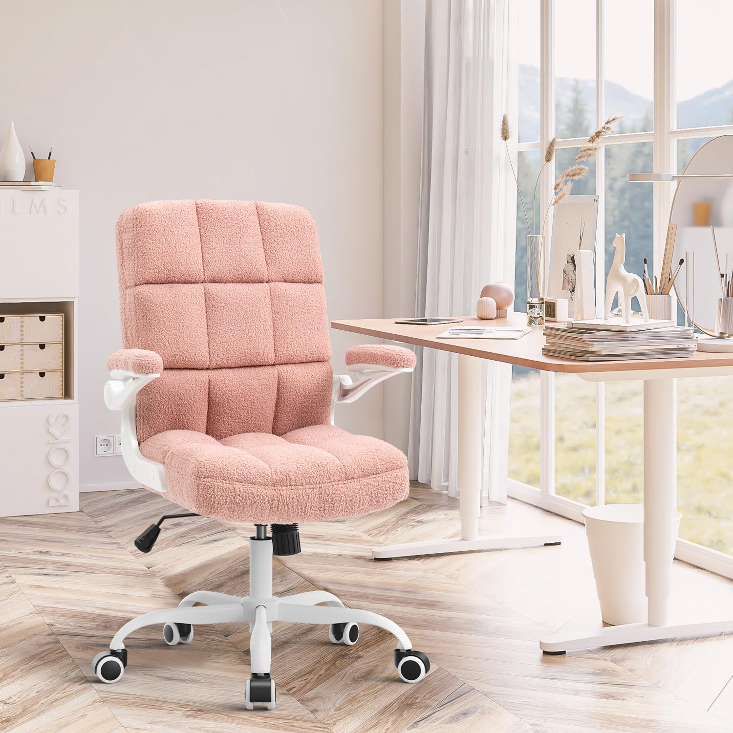 Ergonomic Home Office Chair with Flip-Up Arms & Lumbar Support - Pink Faux Fur Executive Desk Chair for Comfortable Computer Work | Perfect for Remote Work, Gaming & Study Sessions