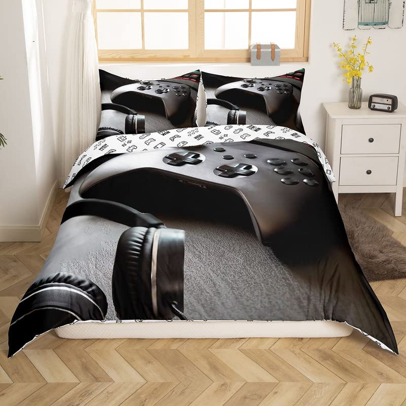 Boys Gaming Bedding Set - Game Controller Comforter Cover for Kids, Teens & Gamers - Modern Gamer Headset Duvet Cover with Pillowcase - Twin Size Black - Perfect for Gaming Rooms & Teen Bedrooms