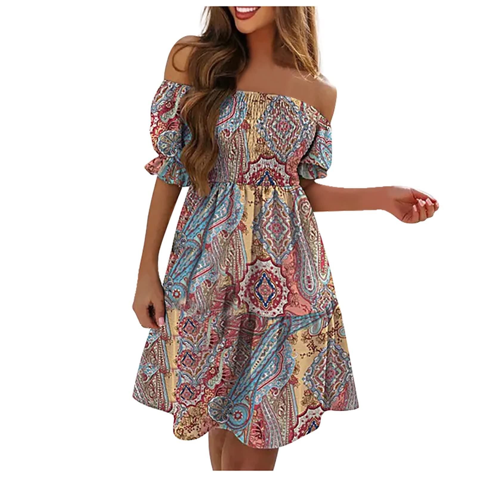 Women's Summer Casual Short Sleeve Gradient Print Mini Sundress with Ruffles - Perfect for Beach Vacations, Date Nights & Outdoor Parties
