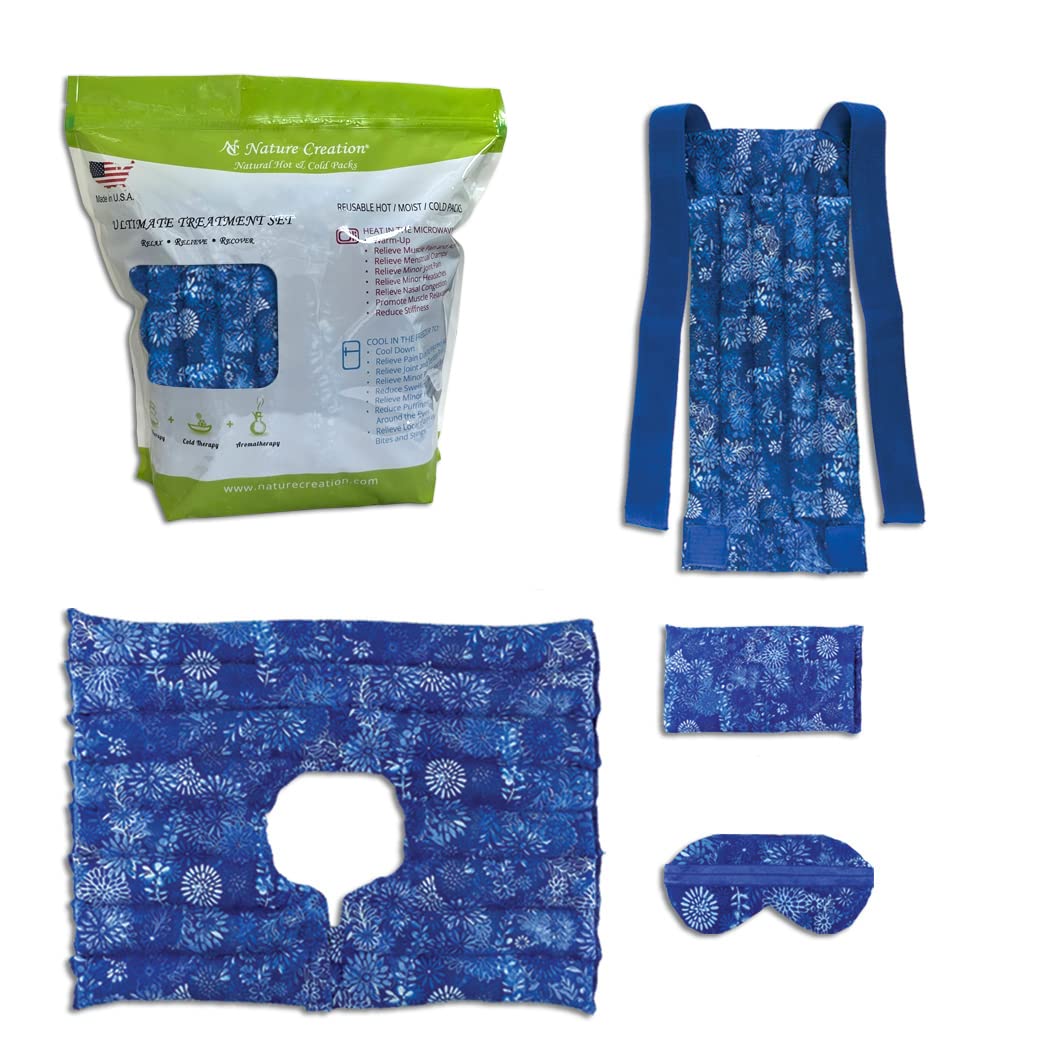 Nature Creation Microwavable Heating Pads Ultimate Set - 4-Piece Therapy Pack for Back Pain, Neck & Shoulder Relief, Lavender Eye Mask & Sinus Relief - Blue Floral Design - Perfect for Home, Office & Travel Use