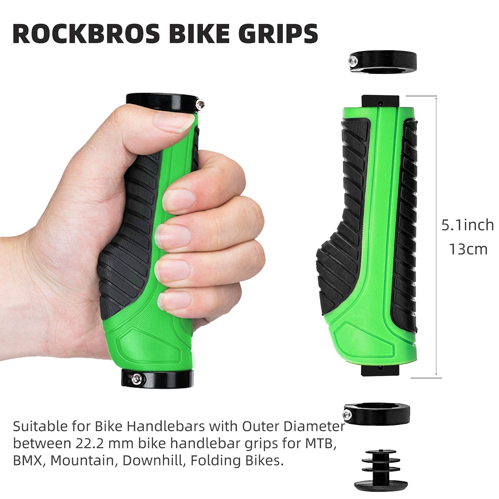 ROCKBROS Mountain Bike Handlebar Grips - Lock-On Double Aluminum Clamp for MTB BMX - Ergonomic Non-Slip Comfort Grip (Black, Grey, Red, Green) - Perfect for Trail Riding, Commuting & Urban Cycling