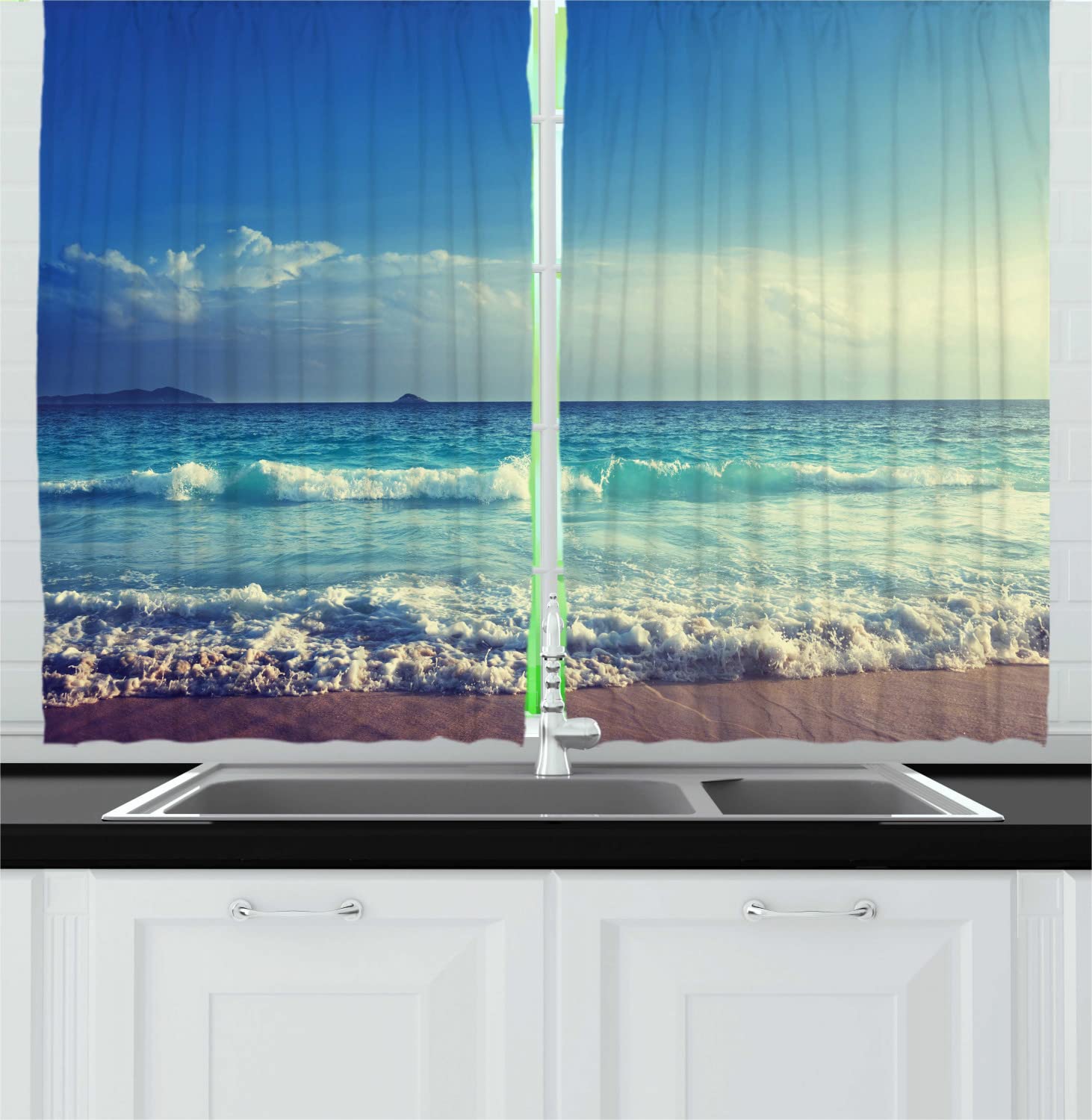 Ambesonne Ocean Themed Long Kitchen Curtains - Tropical Island Sunset Beach Waves & Misty Sea Print - 2 Panel Rod Pocket Drapes (55