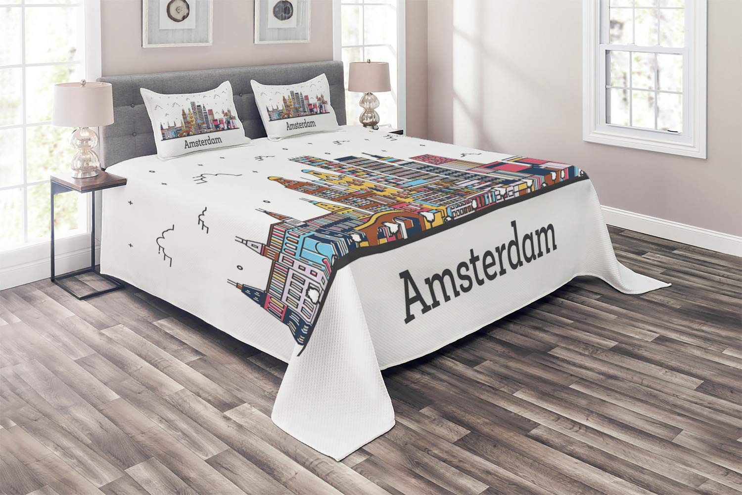 Ambesonne Amsterdam 3-Piece Quilted Bedspread Set - King Size White & Multicolor Cityscape Design with 2 Pillow Shams | Netherlands Culture Inspired Home Decor for Master Bedroom, Guest Room & Dorm