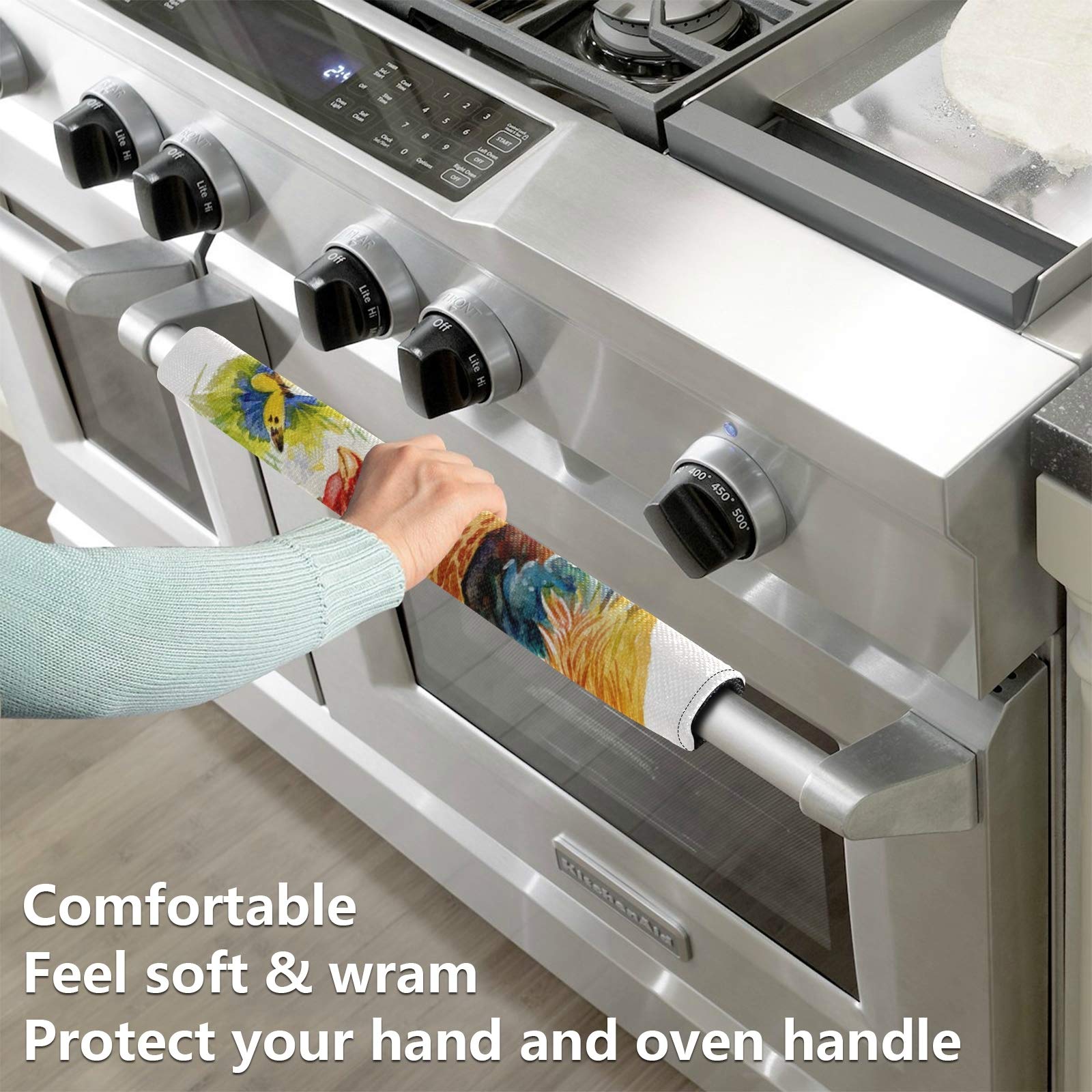 Qilmy 2-Pack Rooster Refrigerator Handle Covers - Washable Kitchen Appliance Protectors for Dishwasher, Fridge, Microwave & Oven - Keep Your Handles Clean & Hygienic - Perfect for Farmhouse & Country Style Kitchens