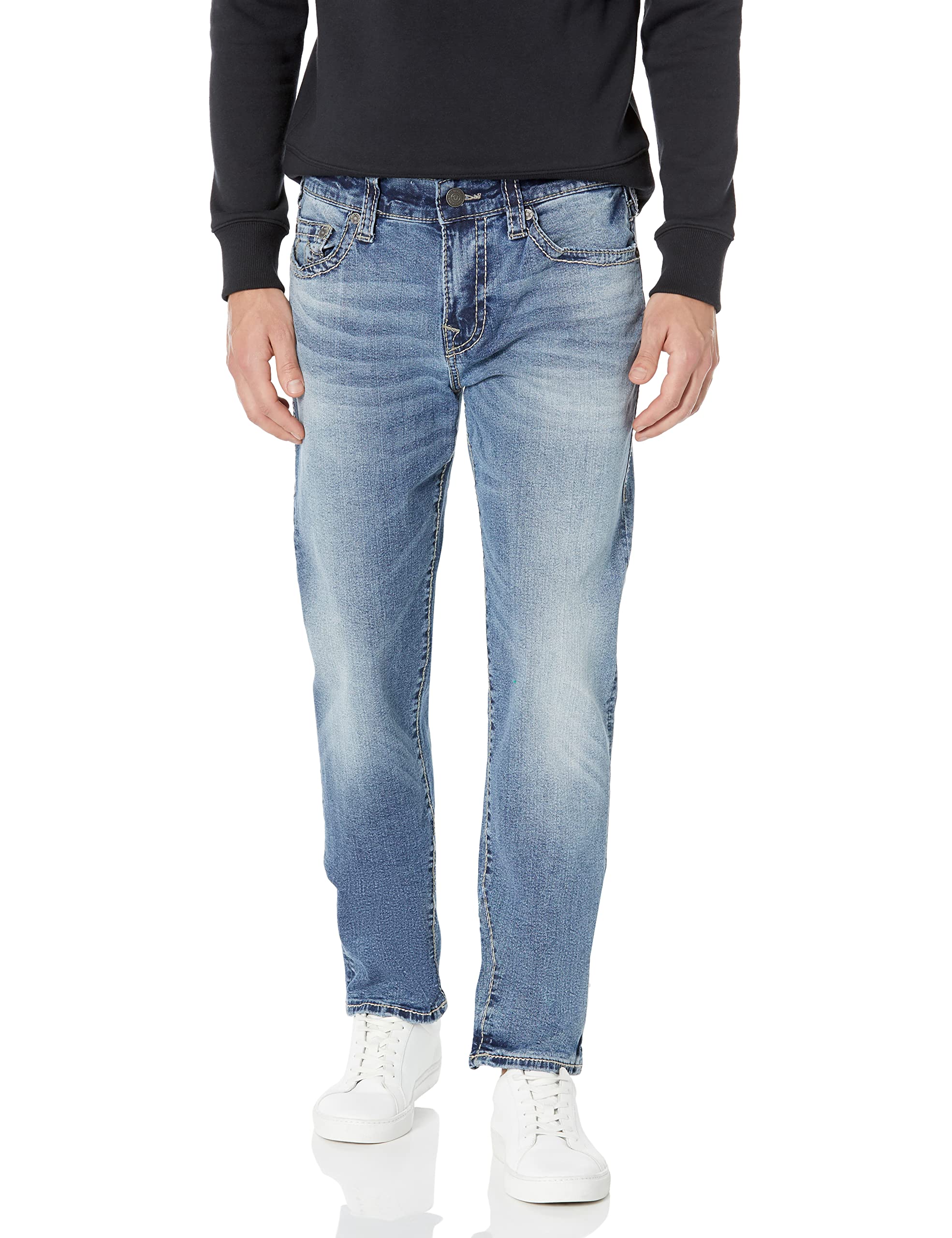 True Religion Men's Rocco NF Big T Distressed Denim Jeans - 32 Inseam, Relaxed Fit for Casual Wear & Street Style Outfits