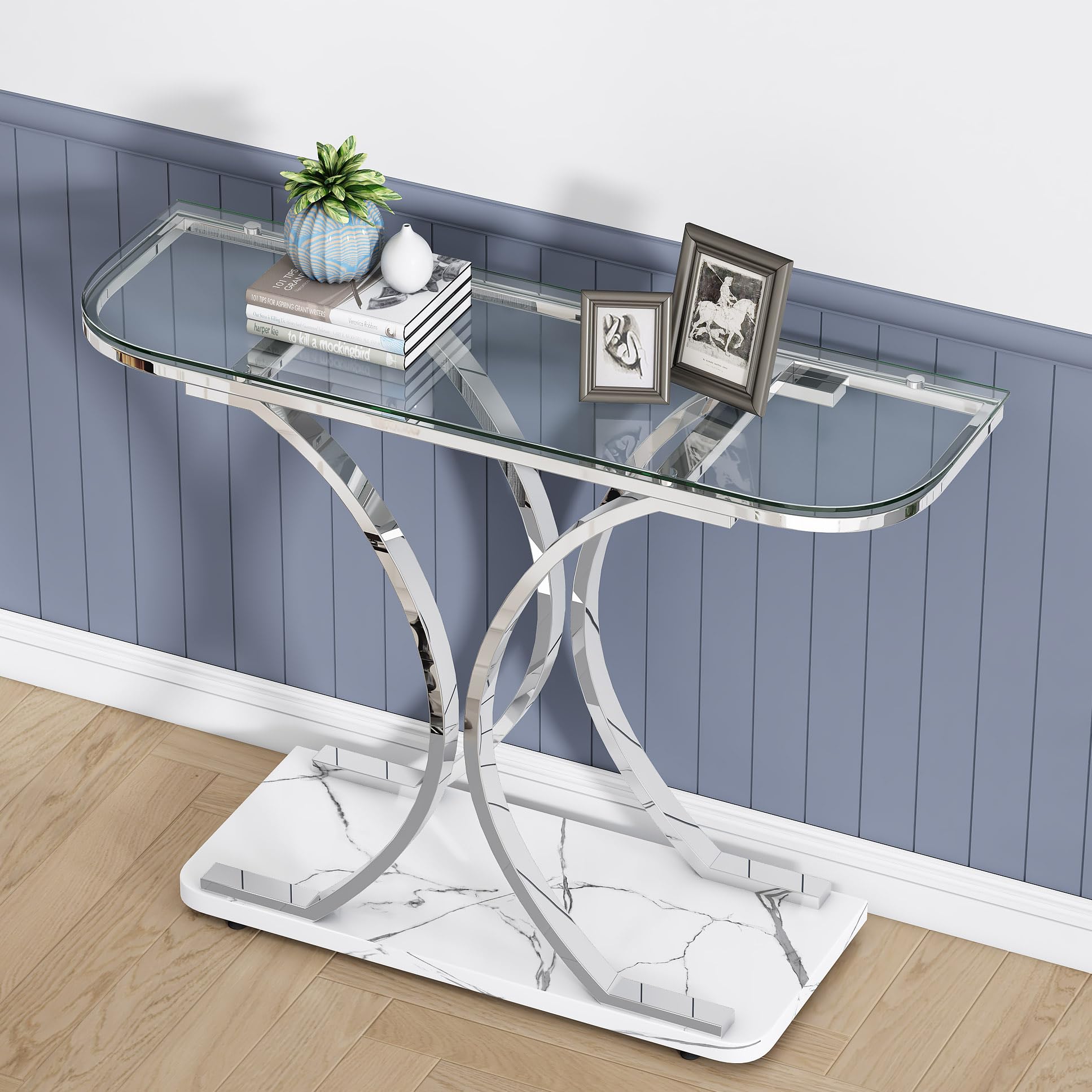 Modern Silver Glass Console Table with Curved Frames & White Marble Base - Elegant Entryway Sofa Table for Living Room, Hallway, Foyer | Perfect for Home Decor, Small Space Furniture & Apartment Entryways