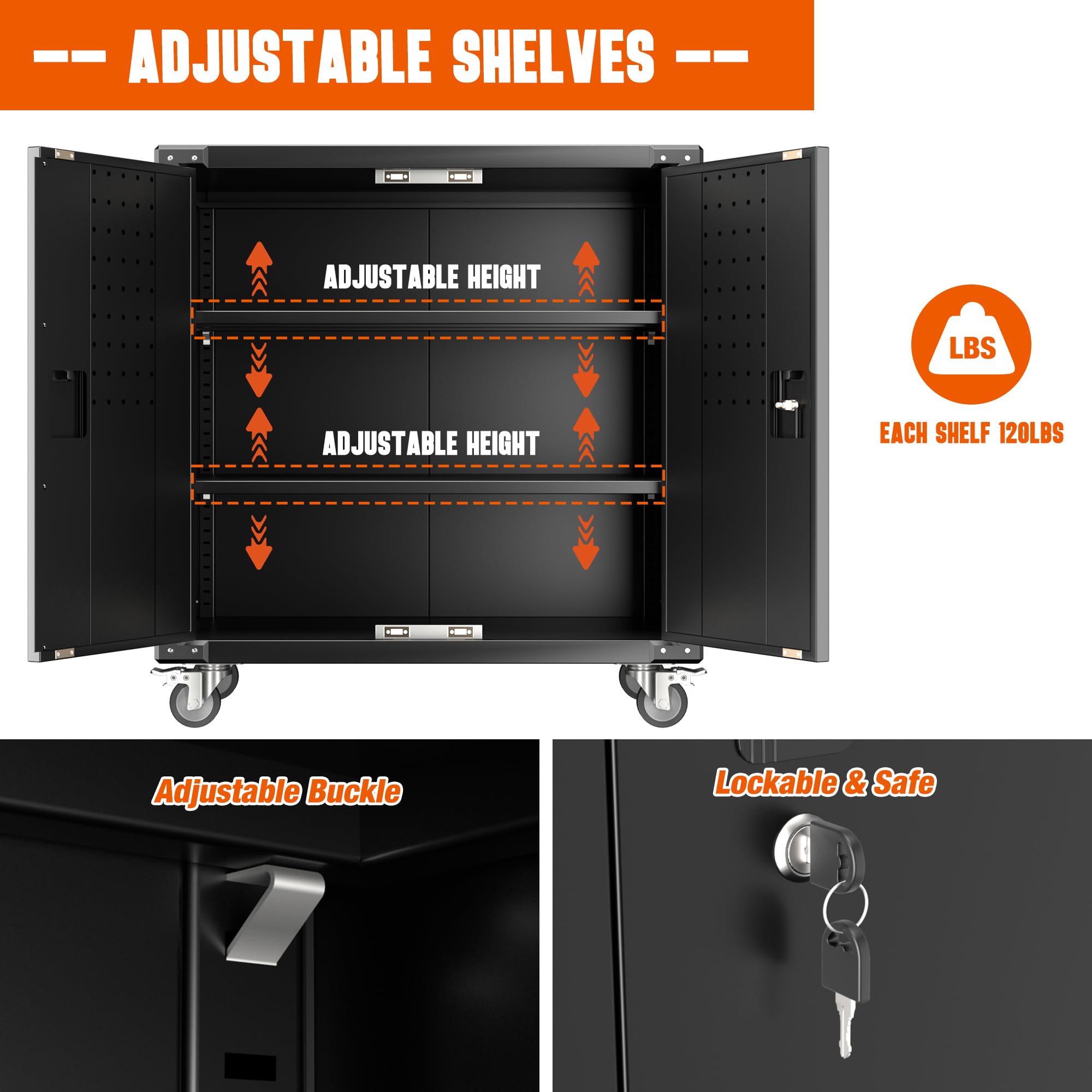 **Heavy Duty Metal Garage Storage Cabinet with 2 Doors & 4 Wheels - Adjustable Shelves Tool Cabinet for Home, Office, Workshop (Black) - SPK-ZSAD-001B | Organize Tools, Equipment & Supplies**