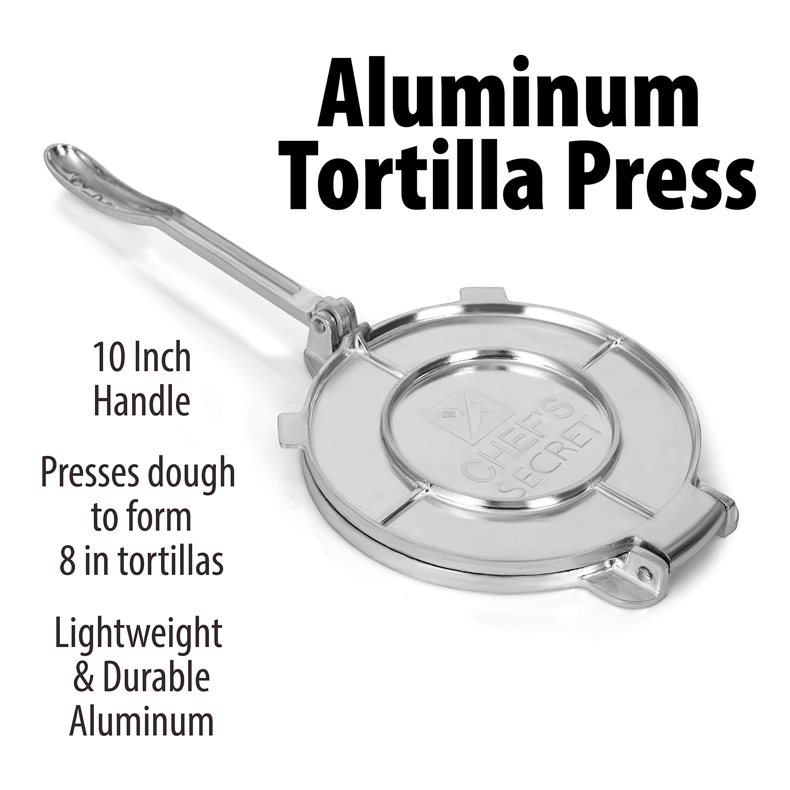 Chef's Secret 8 Inch Aluminum Tortilla Press - Professional Tortilla Maker, Roti Press & Dough Press for Homemade Flatbreads - Perfect for Mexican, Indian Cuisine & Baking at Home