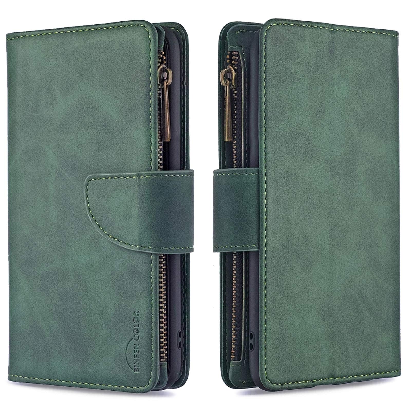 Premium PU Leather Magnetic Flip Case for Samsung Galaxy S10+ - Detachable Zipper Wallet with Card Slots, Photo Frame & Lanyard | Eco-Friendly Green Cover | Perfect for Work, Travel & Daily Protection