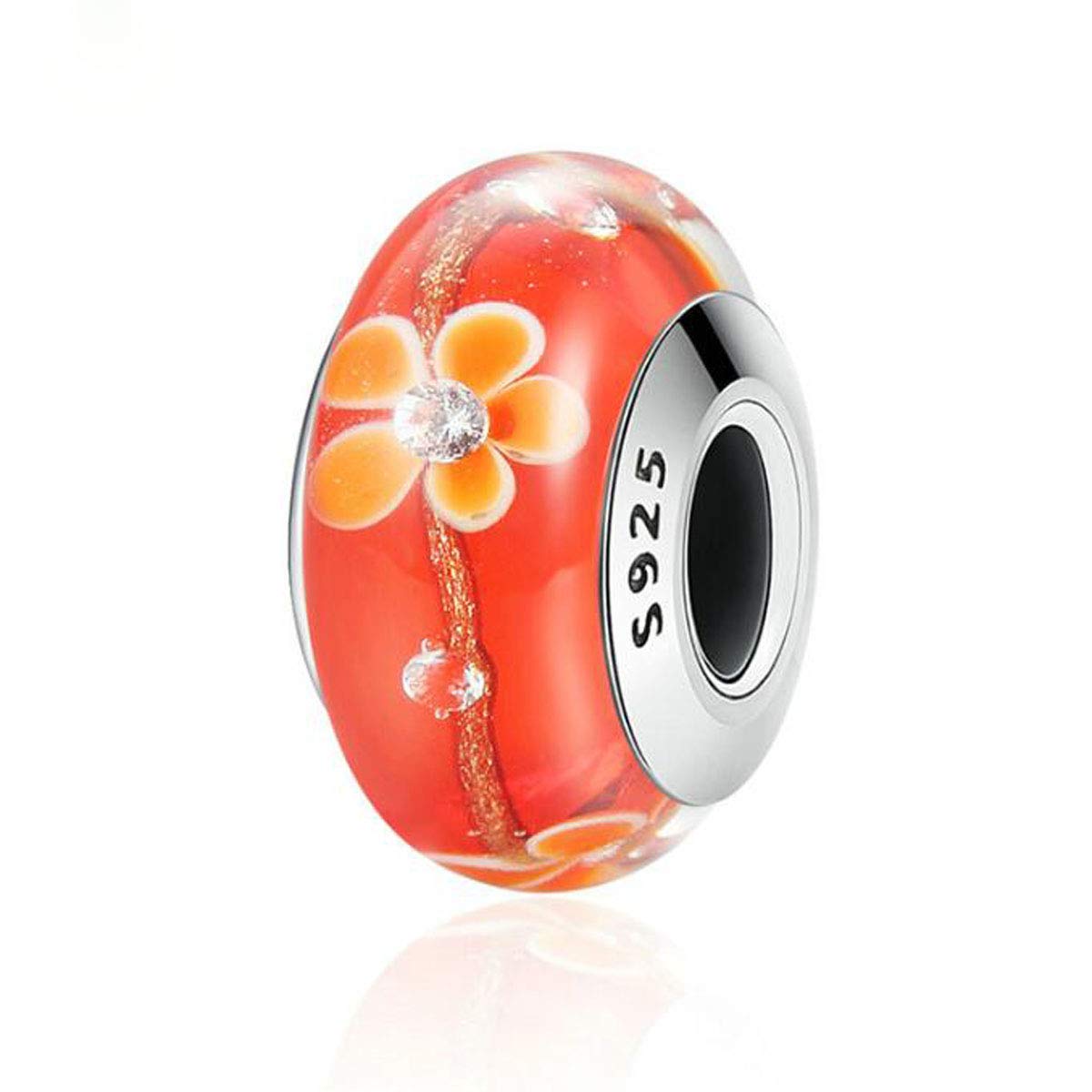 Authentic Murano Glass Beads with 925 Sterling Silver Core - Blue Bubbles & Pink Flower Charms for Pandora Bracelets | Handmade Italian Jewelry for Women, Gift Ideas, DIY Bracelet Making