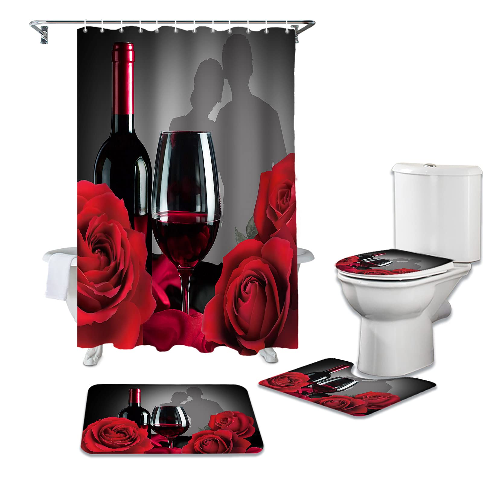ALAGEO Valentine's Day Bathroom Set - Red Rose Shower Curtain, Non-Slip U-Shape Rug, Toilet Lid Cover & Bath Mat - Romantic Red Wine Theme for Couples Gift, Wedding Anniversary & Home Decor