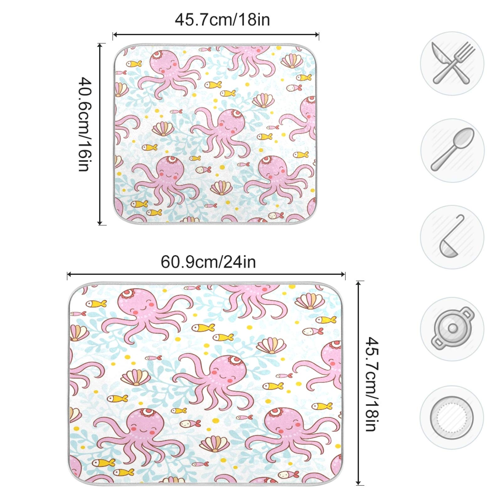 Pink Octopus Dish Drying Mat - Super Absorbent Reversible Microfiber for Kitchen Counter (18x24 Inch) - Perfect for Dishes & Utensils