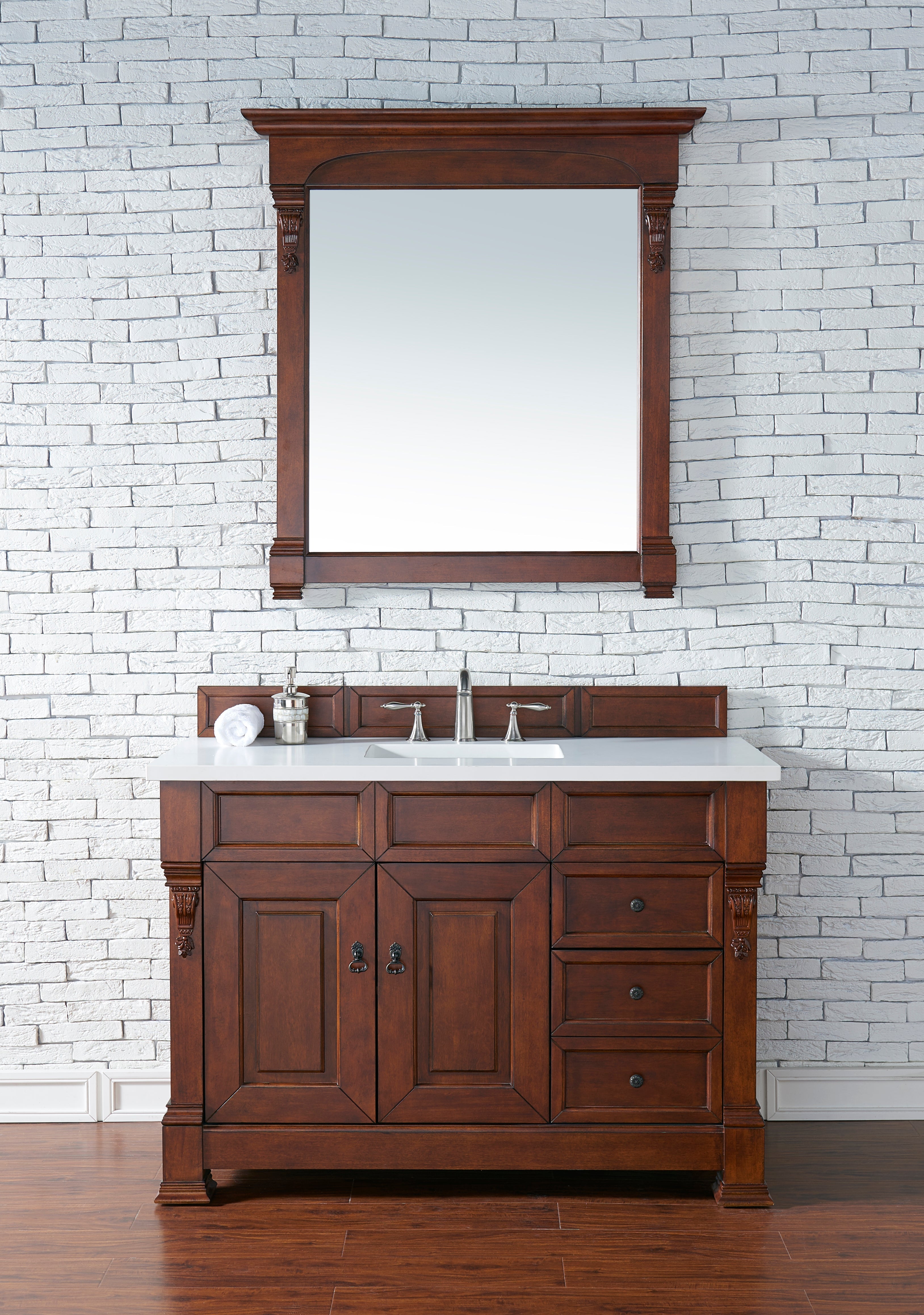Brookfield 48-Inch Warm Cherry Wood Single Bathroom Vanity with 3CM Classic White Quartz Countertop - Perfect for Modern Master Bath & Guest Bathroom Renovations